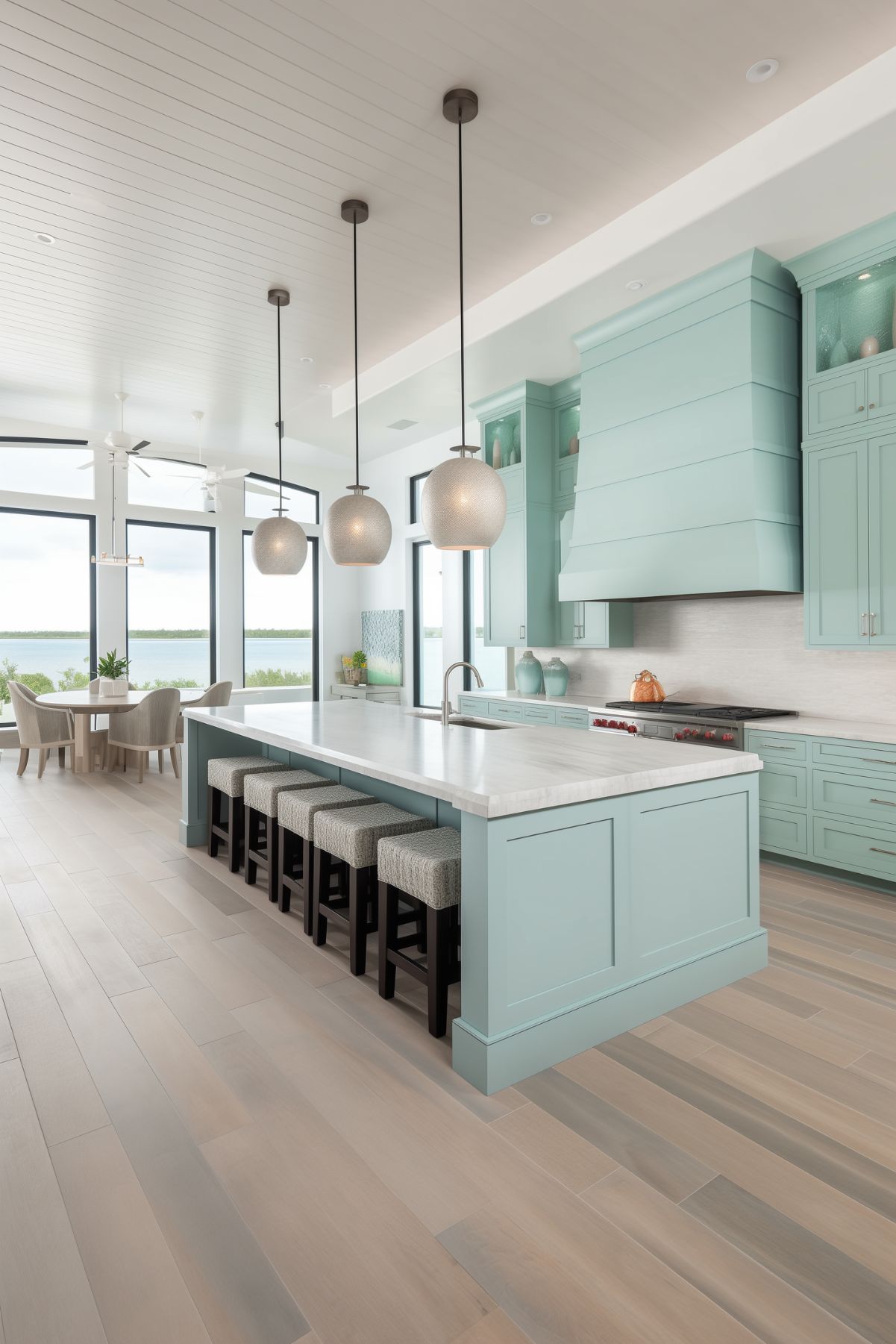 Elegant coastal kitchen with seafoam green cabinetry and a large matching island. The space features white countertops, modern pendant lights, and ample seating at the island with cushioned bar stools. Floor-to-ceiling windows offer stunning water views, while light wood flooring enhances the bright and serene atmosphere.