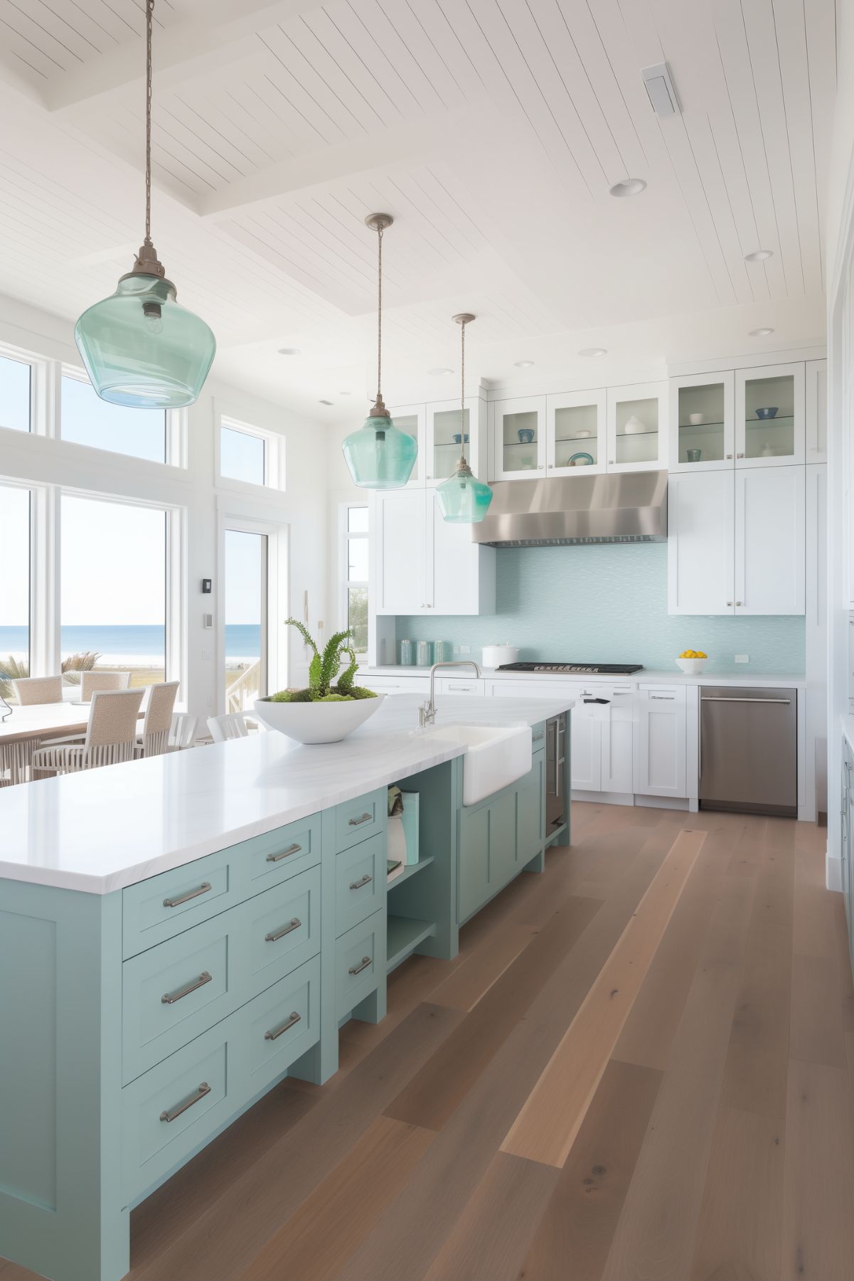 Spacious coastal kitchen featuring seafoam green cabinets and island, complemented by white countertops and a farmhouse sink. The room is illuminated by three teal glass pendant lights, and large windows provide stunning ocean views. The light wood flooring and white upper cabinets with glass fronts add to the bright and airy ambiance.