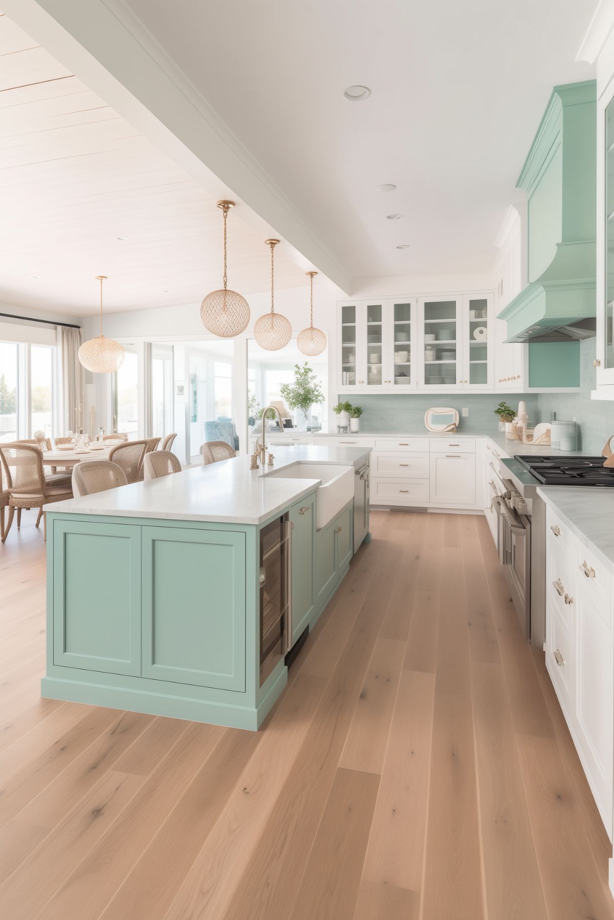 Bright and airy coastal kitchen with seafoam green cabinets and island, white countertops, and light wood flooring. The space is illuminated by three woven pendant lights and features a mix of open shelving and glass-front cabinets, giving a fresh and inviting feel.