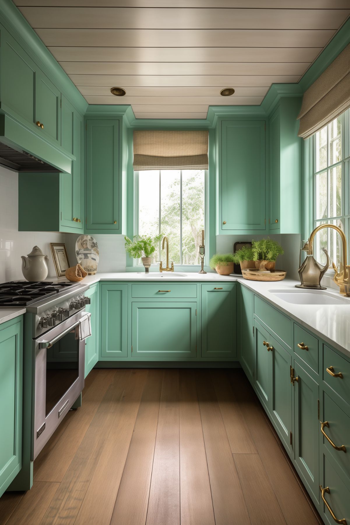 Cozy coastal kitchen with seafoam green cabinets and brass hardware. The kitchen features white countertops, a farmhouse sink, and a large window that lets in natural light. The light wood flooring complements the green cabinetry, and the space is adorned with potted plants and rustic decor for a fresh, inviting look.