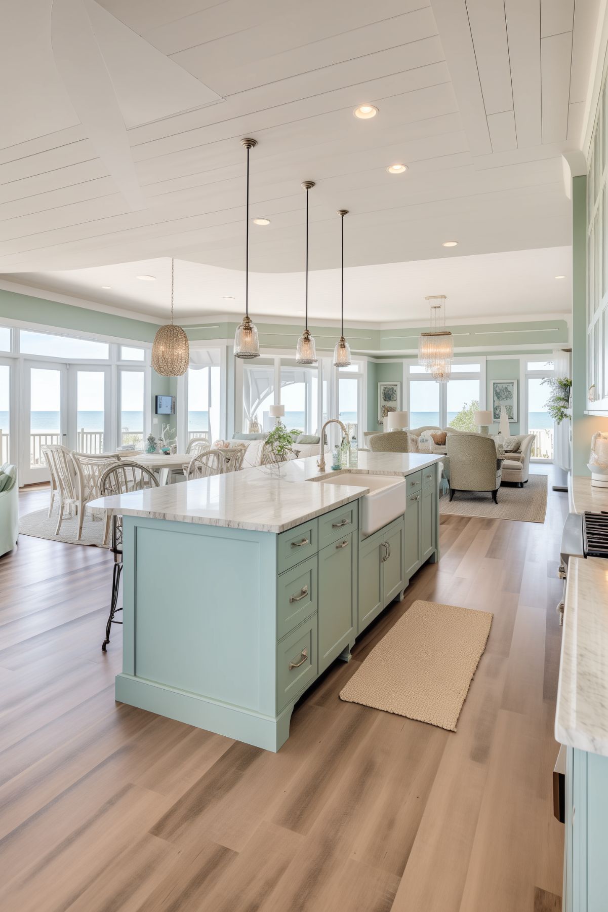 Expansive coastal kitchen with seafoam green cabinetry and an oversized island with marble countertops. The open layout seamlessly connects to a dining area and living space, all boasting stunning ocean views. Pendant lights and light wood flooring enhance the airy and relaxed feel of this seaside retreat.