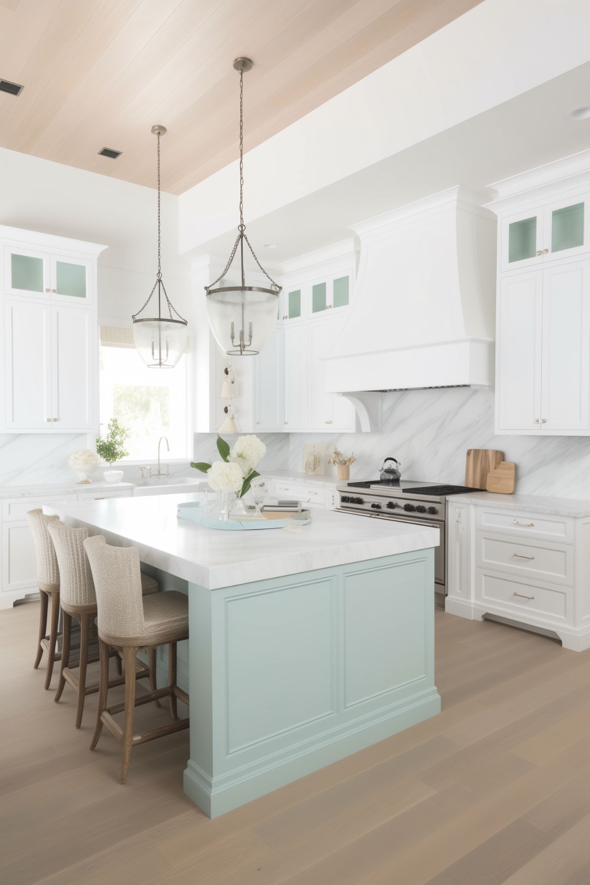 Elegant coastal kitchen with seafoam green island and white cabinetry. The space features marble countertops, a large range hood, and lantern-style pendant lights. Light wood flooring and soft, neutral accents create a sophisticated and serene atmosphere.