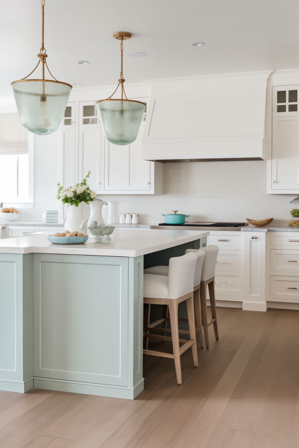 Chic coastal kitchen showcasing a seafoam green island and white shaker cabinets. The room is adorned with two large glass pendant lights, marble countertops, and light wood flooring. Soft, neutral decor and ample natural light enhance the airy and tranquil vibe of the space.