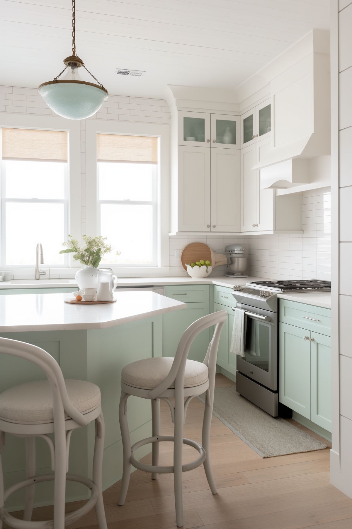 Charming coastal kitchen with seafoam green lower cabinets and white upper cabinets. The space features white countertops and a central island with seating. A large pendant light with a soft blue hue hangs over the island, while light wood flooring and ample natural light create a bright and welcoming atmosphere.