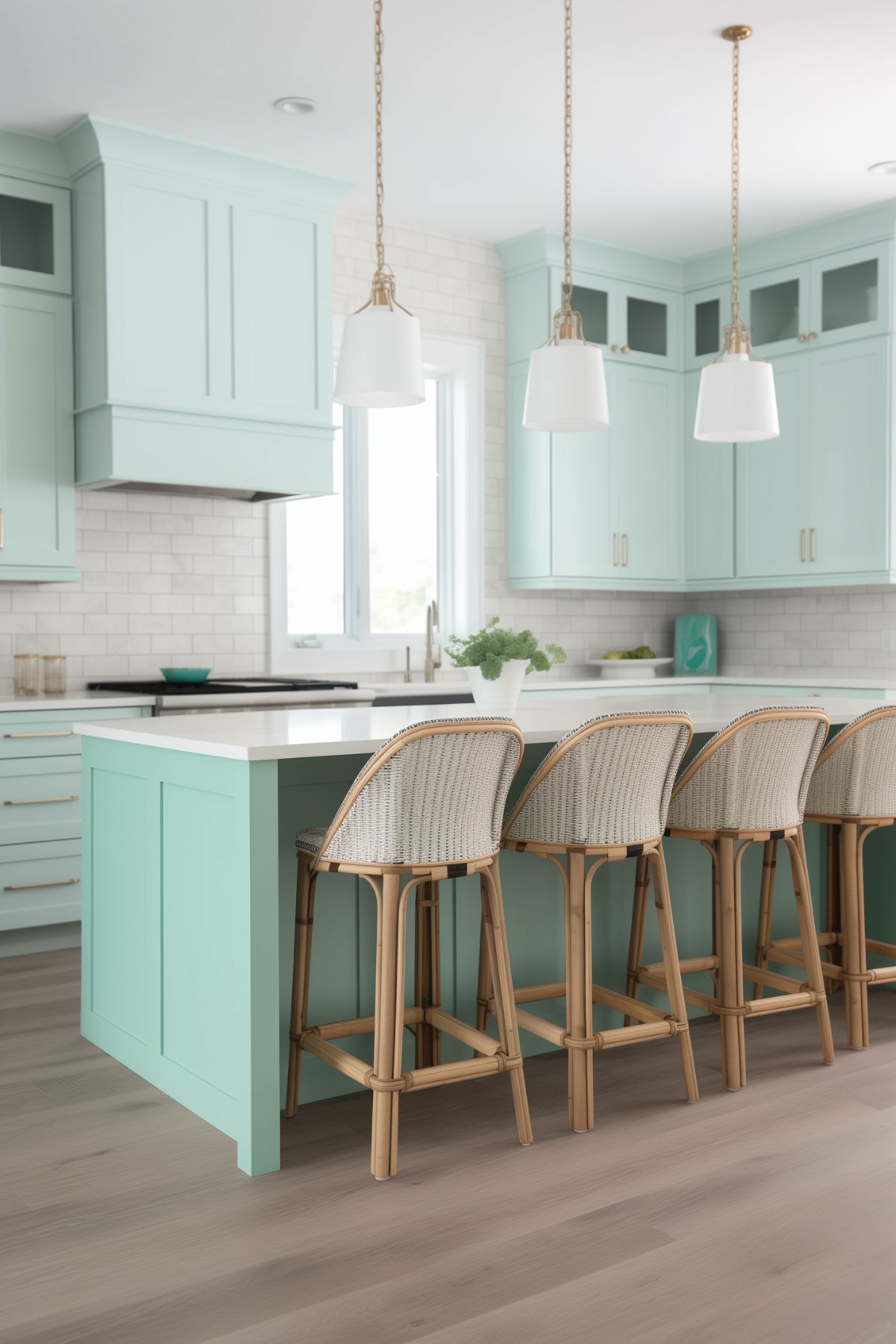 Modern coastal kitchen with seafoam green cabinets and a matching island, topped with white countertops. The space features three white pendant lights hanging over the island, and wicker bar stools adding a natural touch. Light wood flooring and a white subway tile backsplash enhance the bright and fresh ambiance.