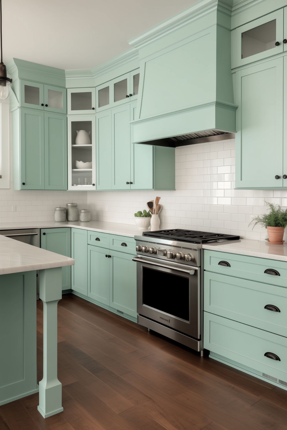 Stylish coastal kitchen with seafoam green cabinets and white countertops. The kitchen features a stainless steel stove and range hood, white subway tile backsplash, and dark wood flooring. Open shelving and glass-front cabinets add a touch of elegance, while the natural light enhances the fresh and vibrant feel of the space.