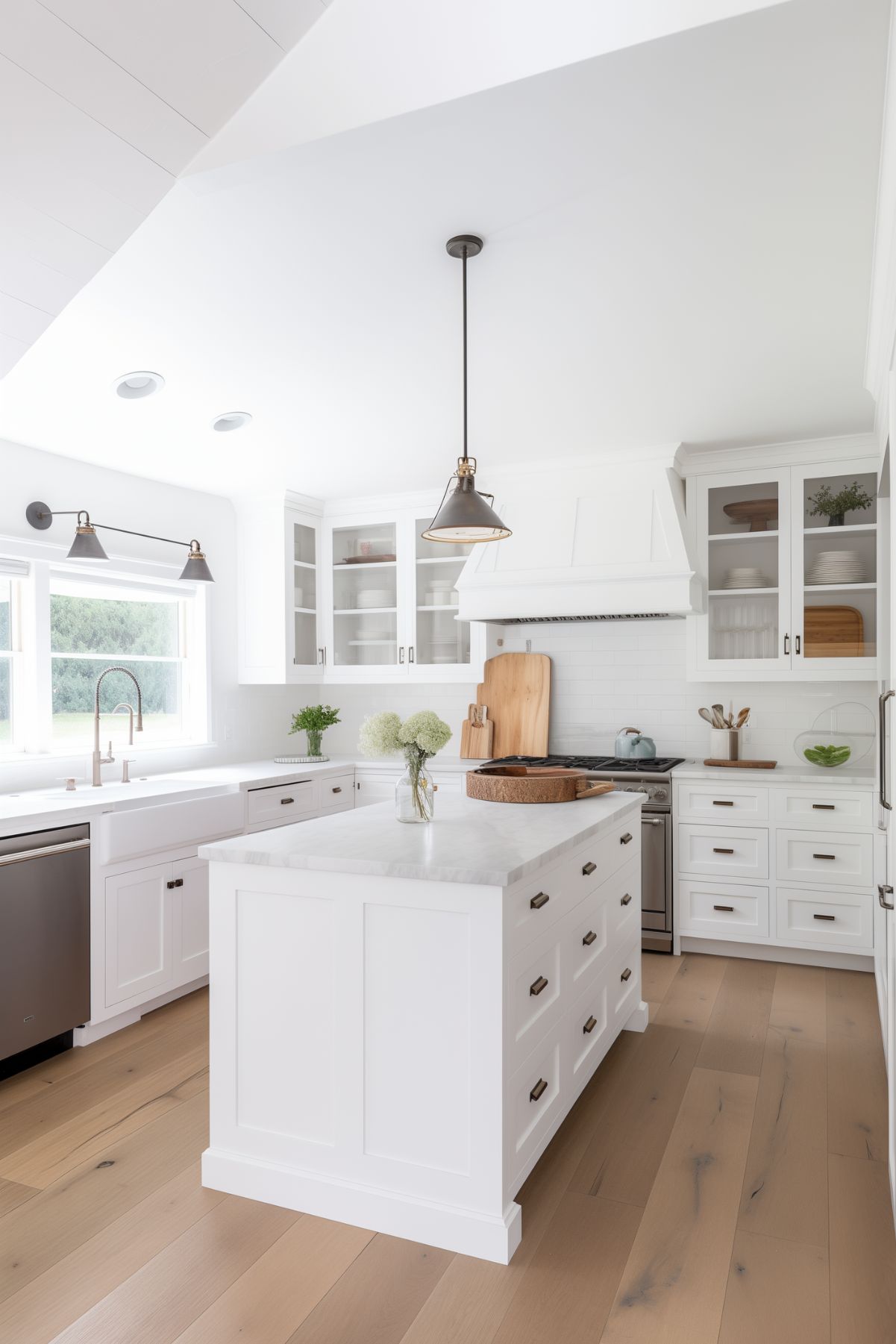 White kitchen with an island.