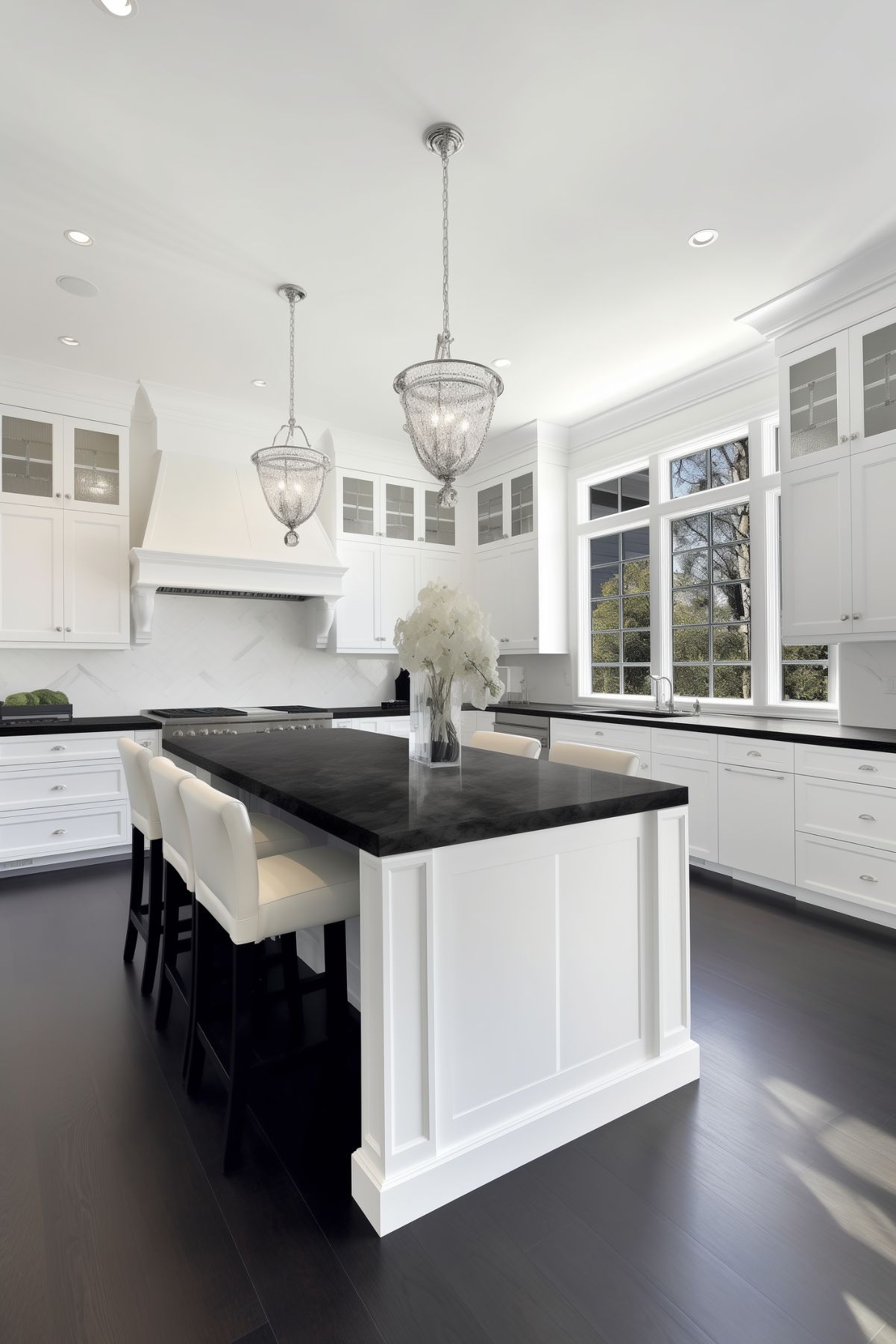 white kitchen with black countertops.