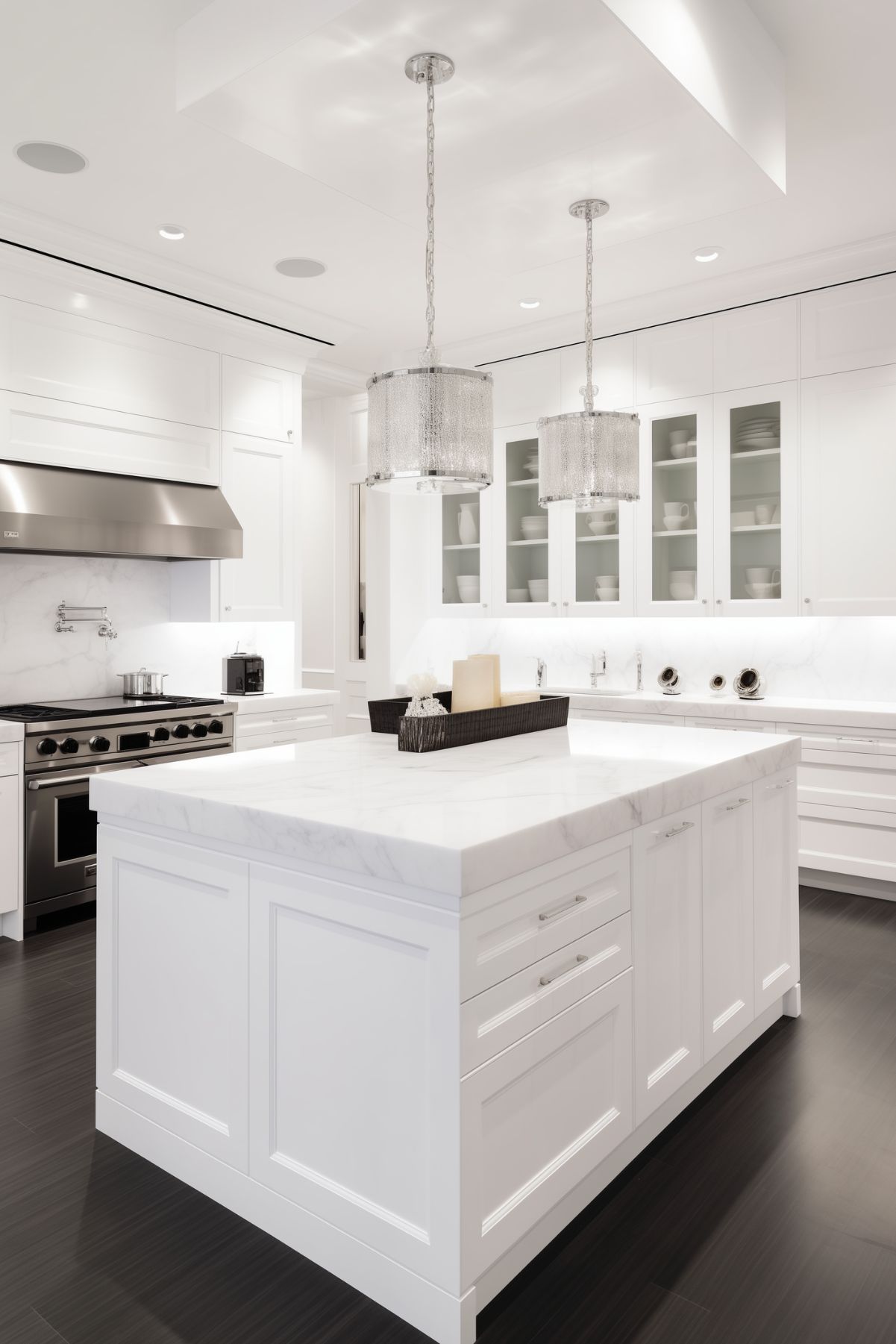 white kitchen with a large island.