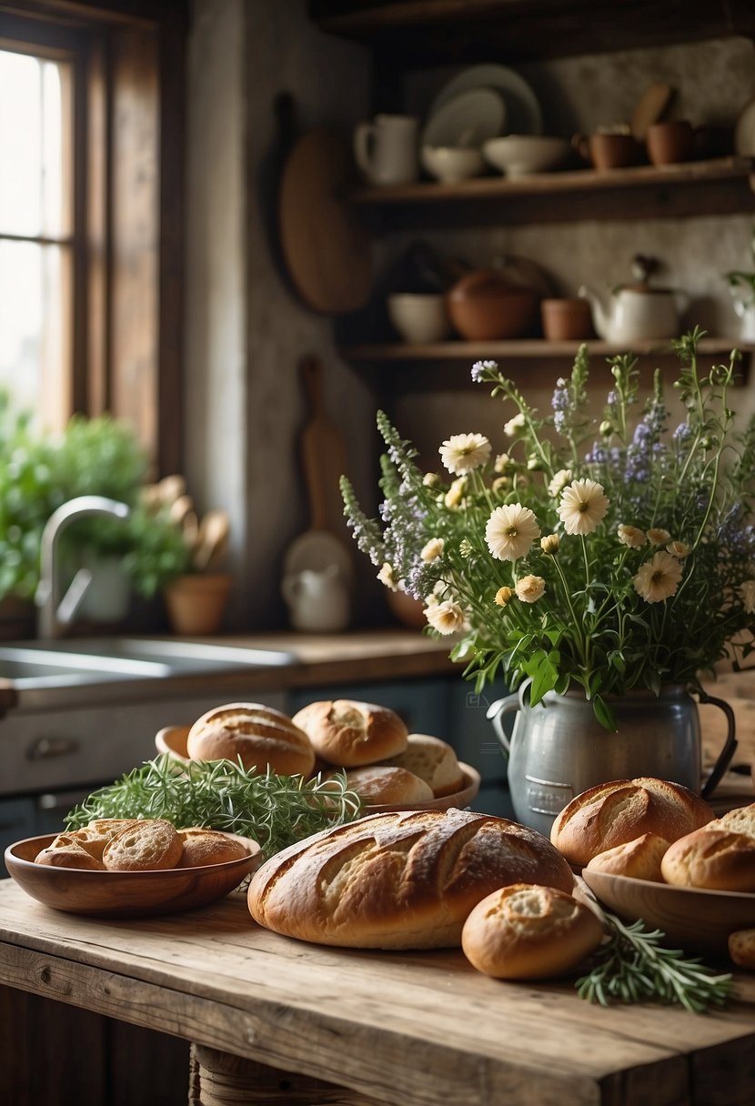 A cozy cottage kitchen with floral wallpaper, vintage cookware, hanging herbs, and a rustic wooden table set with homemade bread and fresh flowers