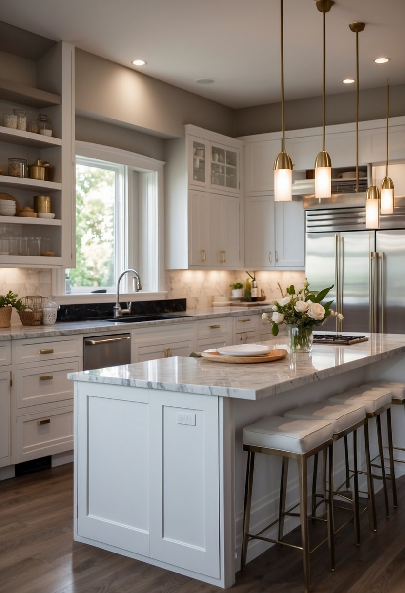 A spacious, modern kitchen with sleek, white cabinets, marble countertops, and stainless steel appliances. A large island with bar seating and pendant lighting completes the elegant design