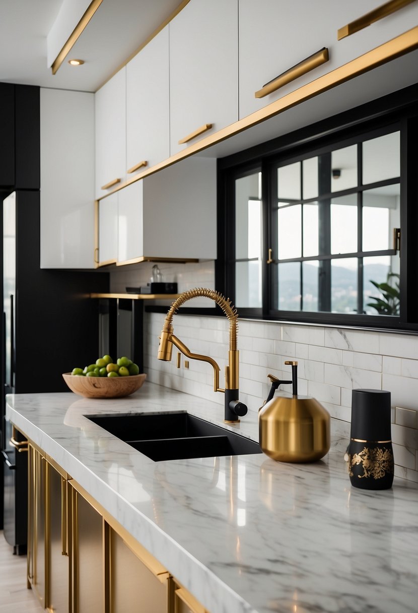 A modern kitchen with black, white, and gold color scheme. Sleek countertops, minimalist cabinets, and gold fixtures