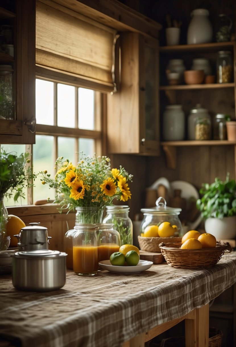 A cozy cottage kitchen with warm, earthy color scheme and rustic textures. A vintage floral tablecloth adorns a wooden table, surrounded by shelves of mason jars and wicker baskets