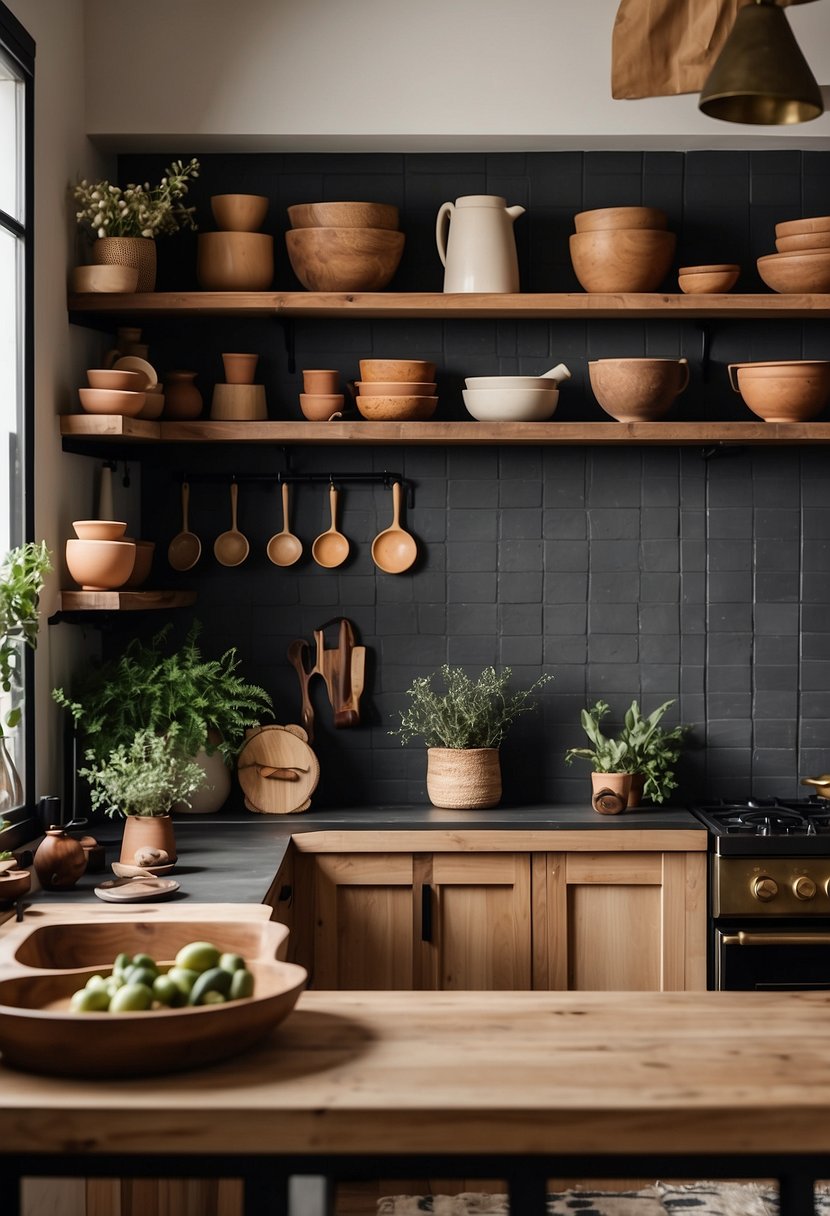 A rustic modern kitchen with warm earth tones, natural wood textures, and pops of matte black and brass accents. Open shelving displays artisanal pottery and greenery, while a large farmhouse sink adds a touch of vintage charm