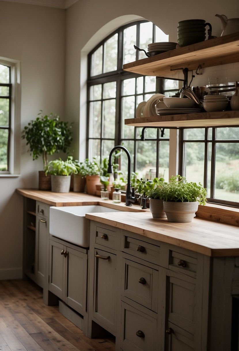 A spacious kitchen with wooden countertops, industrial pendant lighting, and open shelving displaying rustic dinnerware. A large farmhouse sink sits beneath a window overlooking a lush garden