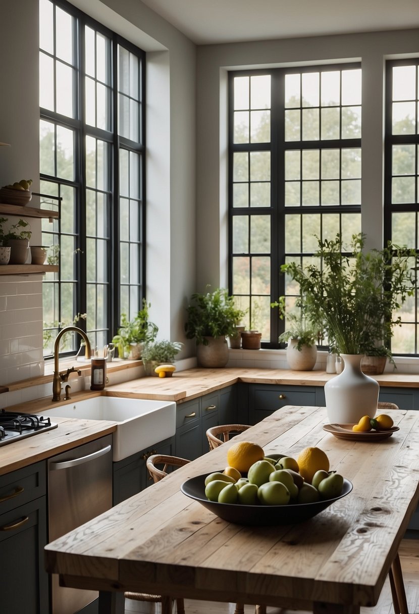 A spacious kitchen with sleek, minimalist cabinets and a large, farmhouse-style table. Natural light floods in through large windows, highlighting the mix of modern and rustic elements