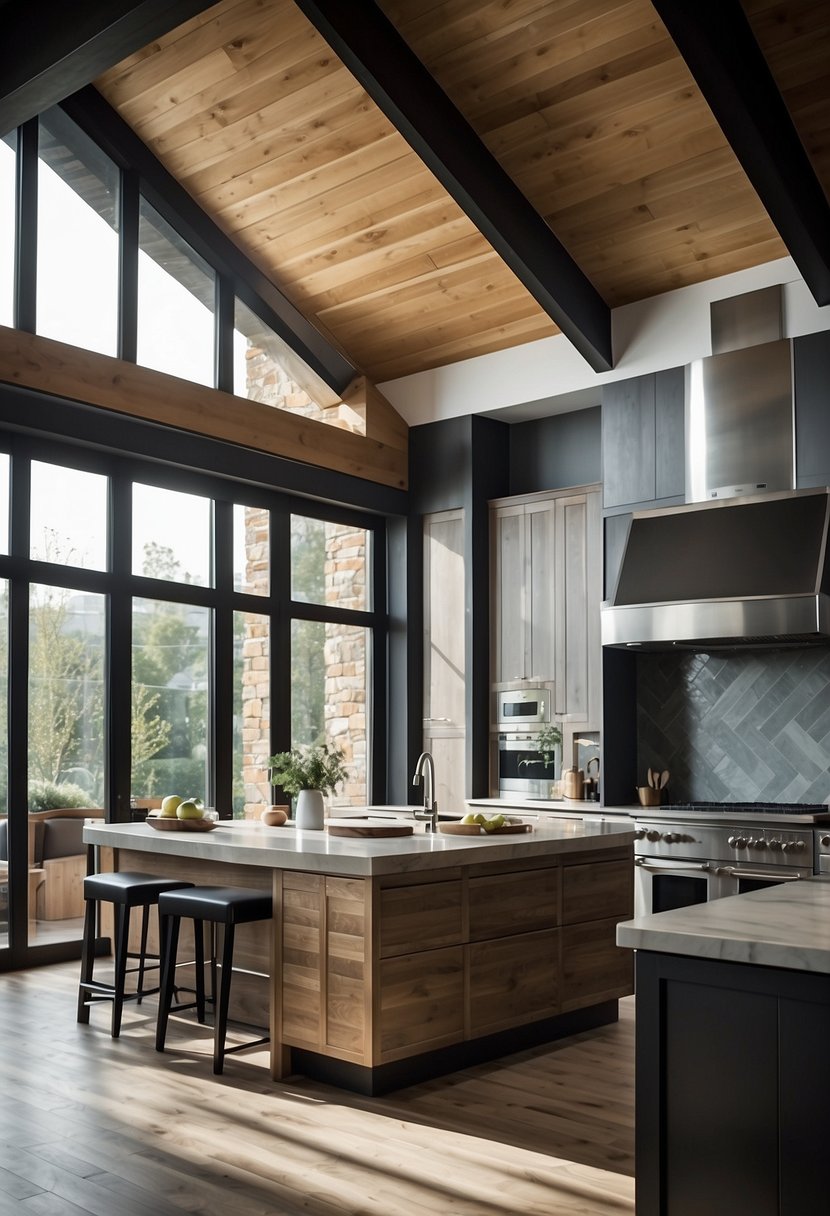 A spacious kitchen with exposed wooden beams, sleek stainless steel appliances, and a mix of natural textures like stone and leather