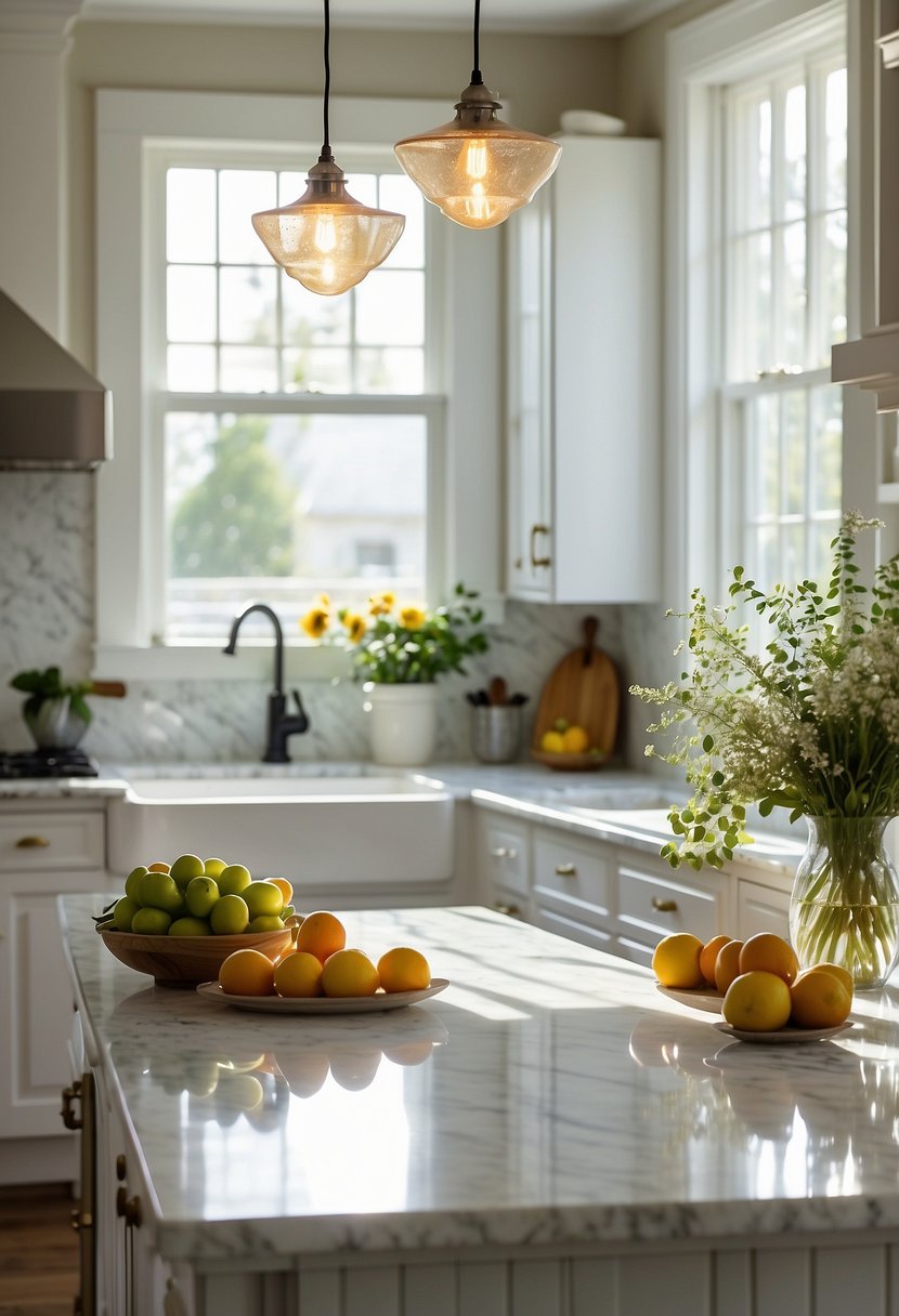 A bright, airy kitchen with white cabinets, marble countertops, and stainless steel appliances. Sunlight streams in through large windows, casting a warm glow over the pristine space