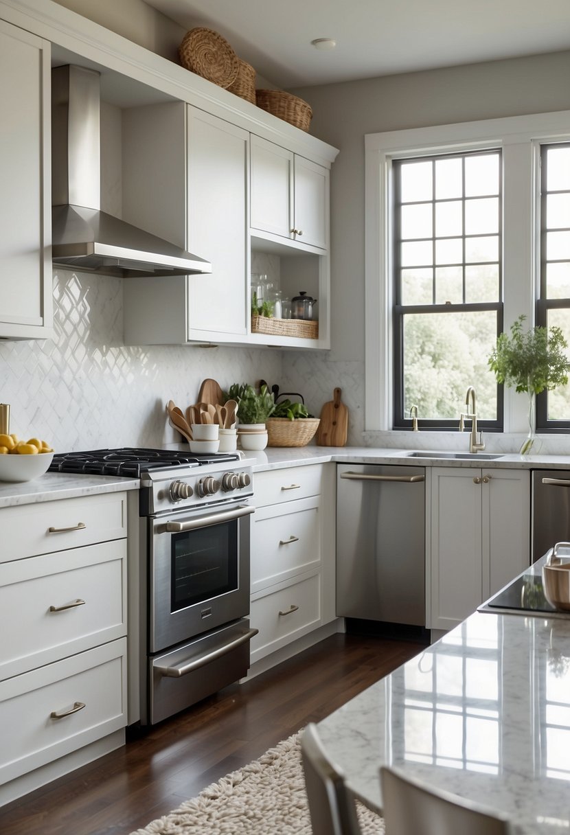 A clean, bright white kitchen with minimalist decor, featuring white cabinets, marble countertops, and stainless steel appliances