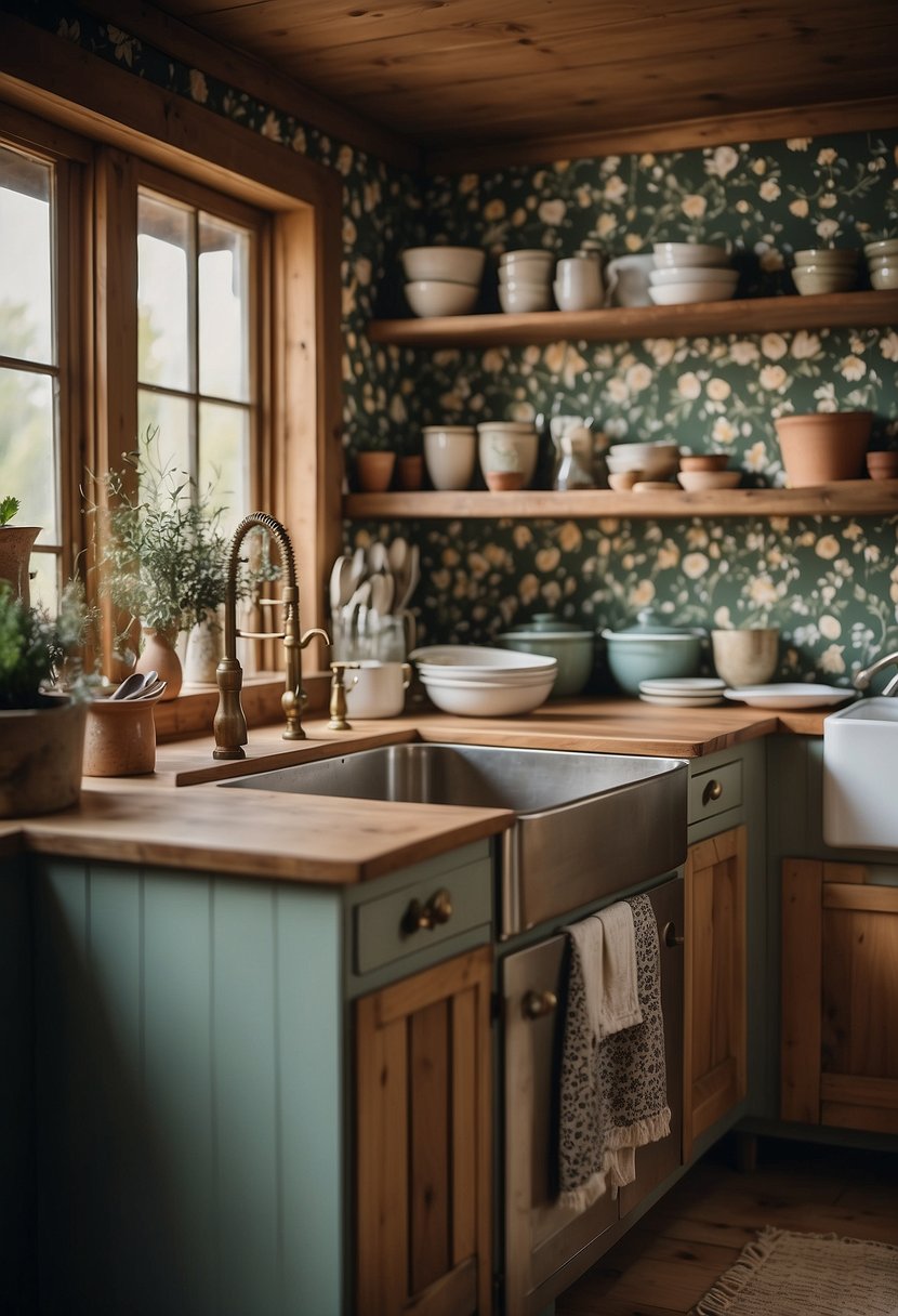 A cozy kitchen with rustic wooden cabinets, vintage floral wallpaper, a farmhouse sink, and a collection of vintage kitchenware on display