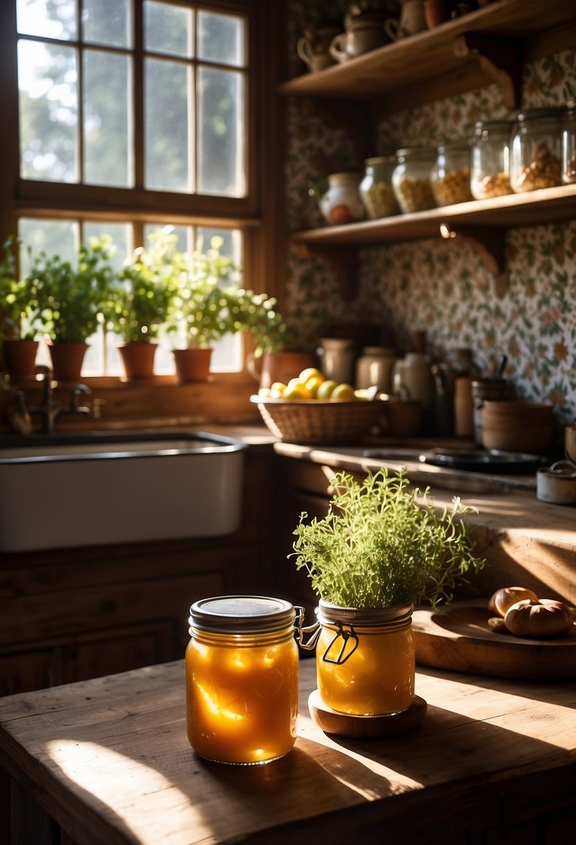 A cozy cottage kitchen with vintage floral wallpaper, rustic wooden shelves, and an old-fashioned stove. Sunlight streams in through lace curtains, illuminating jars of homemade preserves and fresh produce on the counter