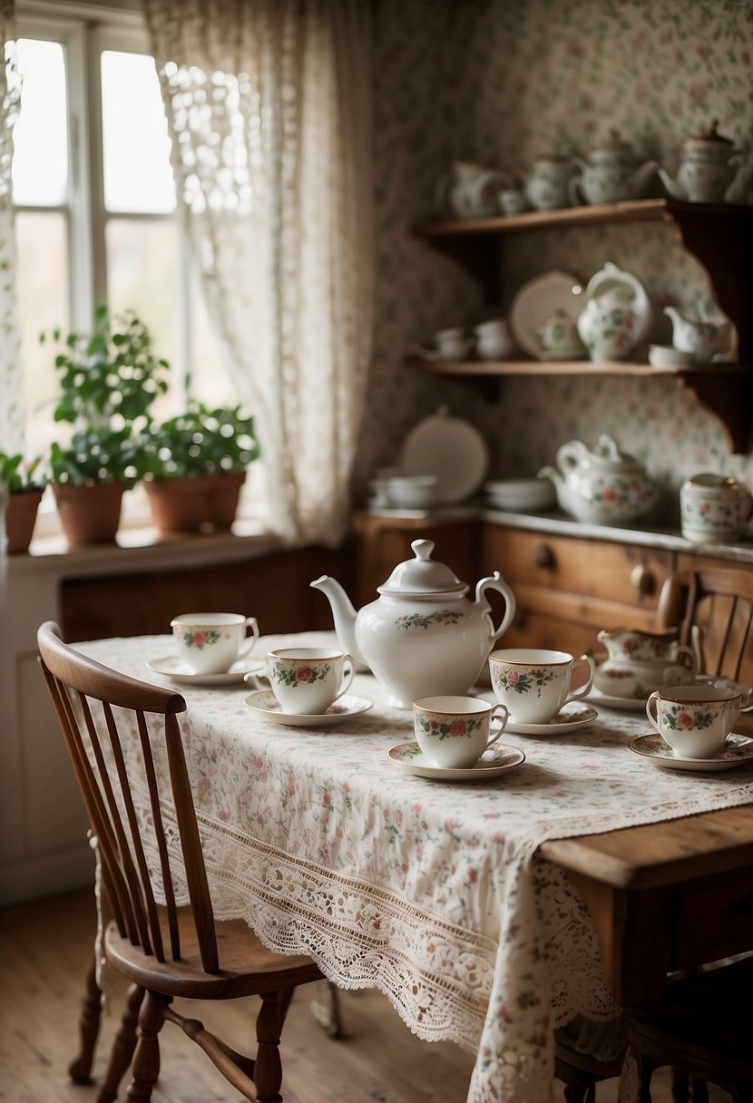 A cozy kitchen with vintage-inspired decor, floral wallpaper, lace curtains, and antique kitchenware displayed on open shelves. A floral tablecloth covers the table, and a teapot and teacups sit ready for a traditional tea time