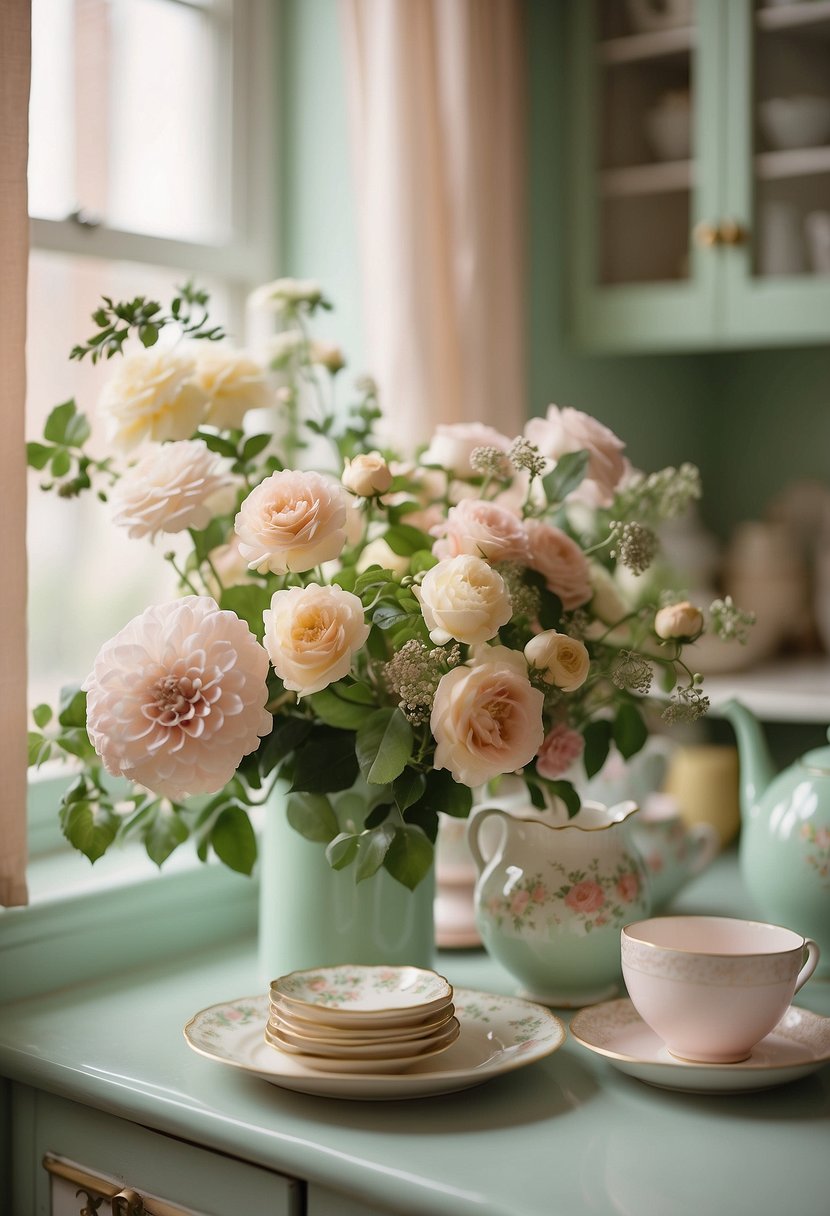 A cozy, vintage-inspired kitchen with pastel hues, floral patterns, and antique accents. Soft pinks, mint greens, and buttery yellows create a warm and inviting atmosphere. Vintage china, lace curtains, and floral wallpaper complete the charming aesthetic