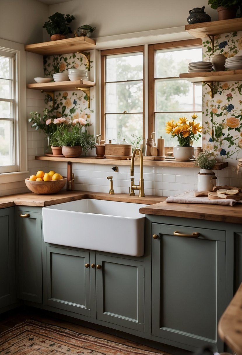 A cozy kitchen with vintage floral wallpaper, brass hardware, and a farmhouse sink. Modern touches include open shelving, marble countertops, and a colorful rug