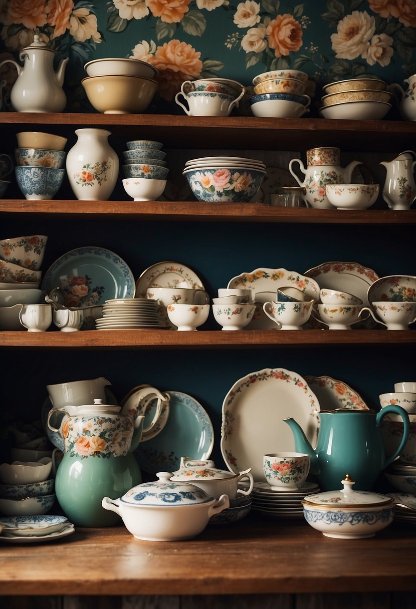 A cozy kitchen with vintage floral wallpaper, antique china displayed on open shelving, and a charming mix of old and new kitchenware