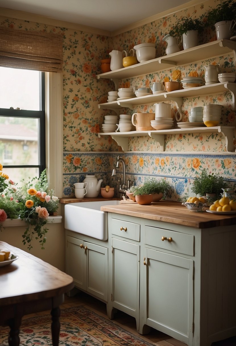 A cozy kitchen with floral wallpaper, vintage china displayed on open shelves, a farmhouse sink, and a colorful floral rug on the floor