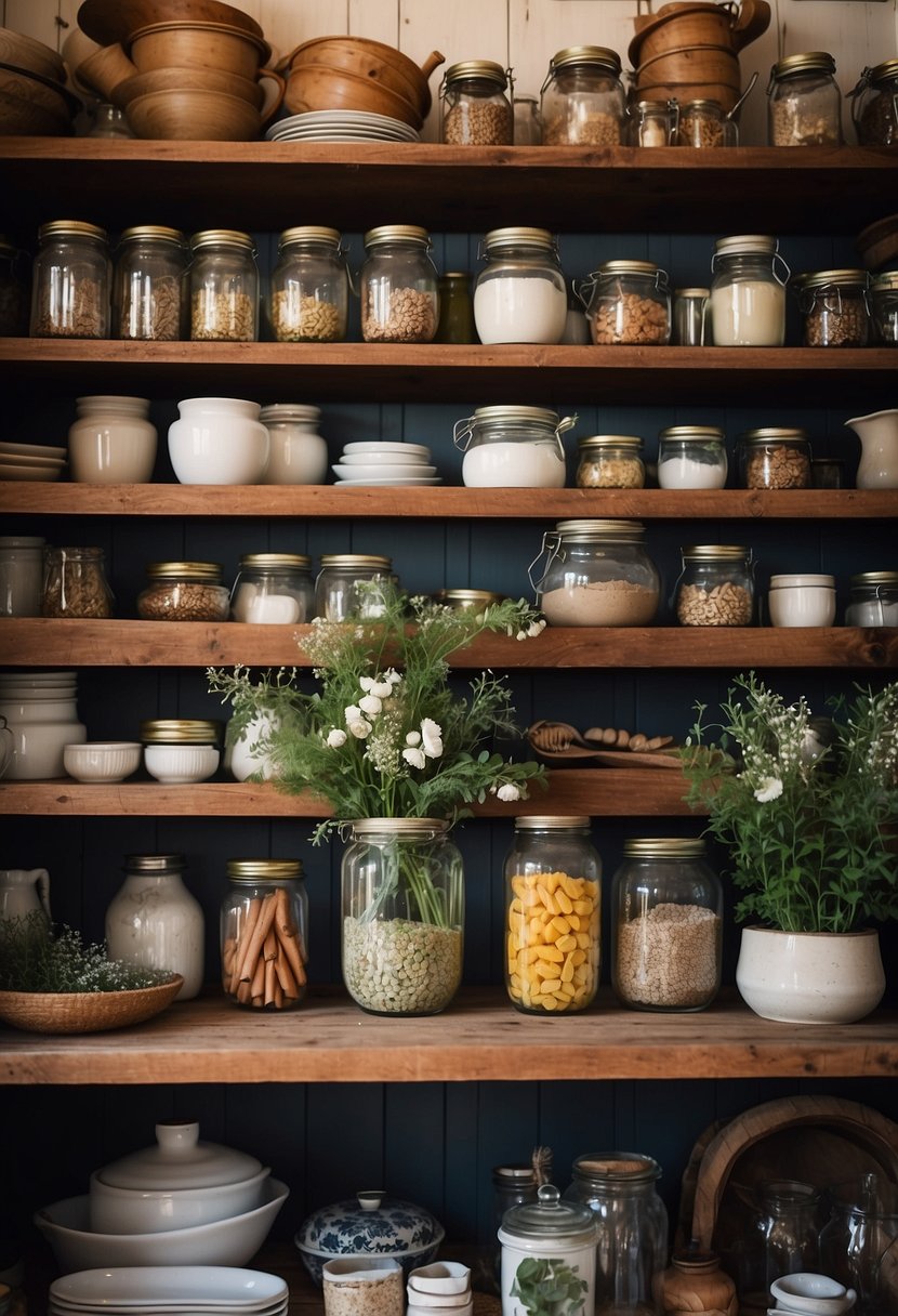 A cozy cottage kitchen with vintage-inspired appliances, floral wallpaper, and rustic wooden shelves filled with mason jars and ceramic dishes