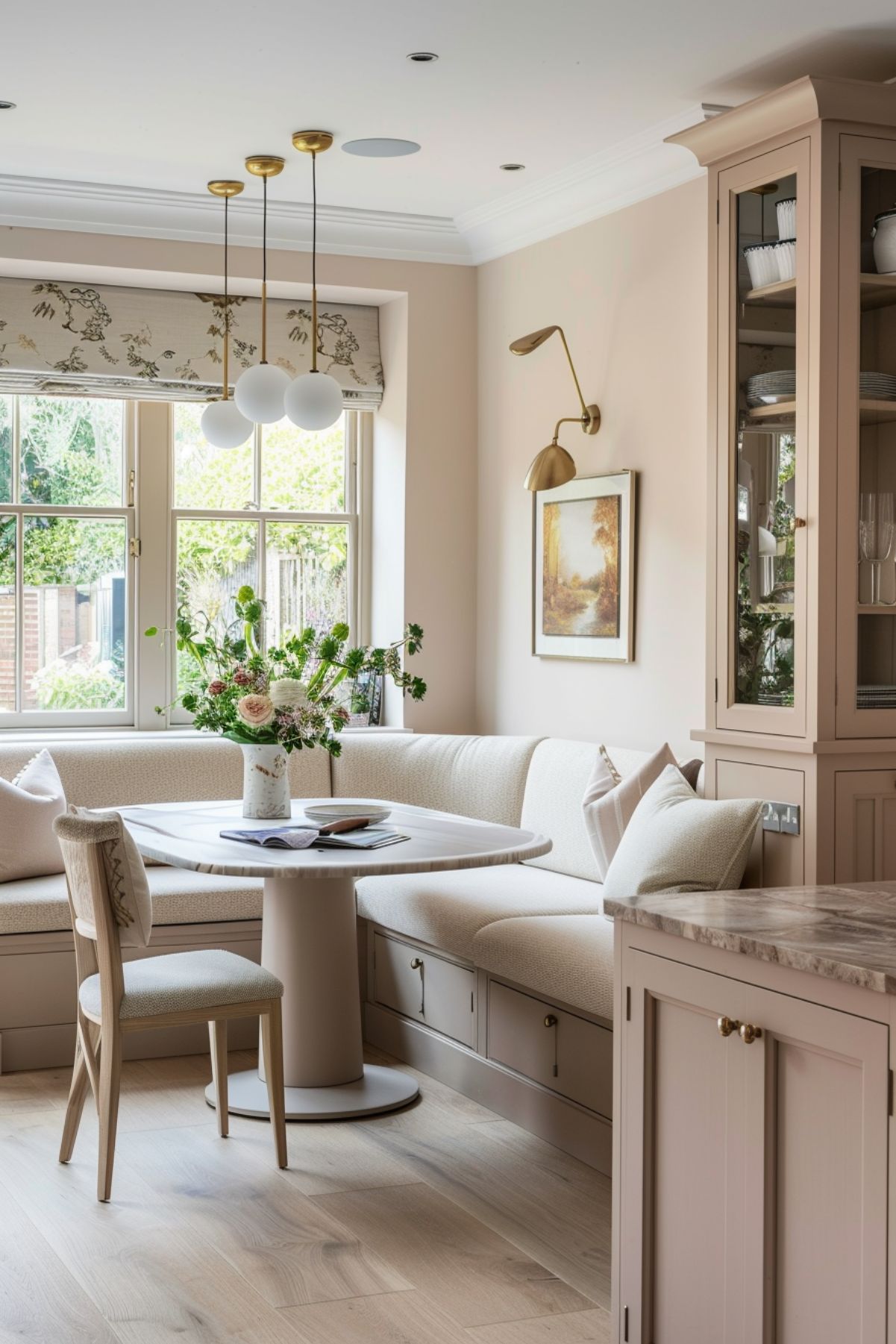 A cozy kitchen nook featuring blush beige cabinetry and a built-in bench seating area with cream cushions and decorative pillows. A round table with a beige base sits in the center, adorned with a vase of fresh flowers. The nook is illuminated by three globe pendant lights hanging from the ceiling, along with a gold wall sconce. A large window with a floral patterned Roman shade.