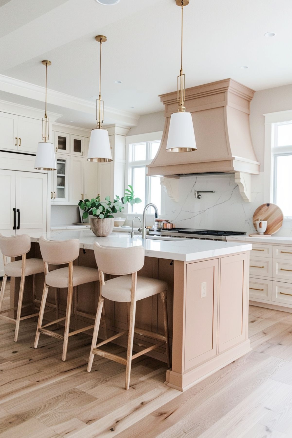 A contemporary kitchen with blush beige cabinetry and a matching island featuring a white marble countertop. The island is paired with comfortable beige stools and is illuminated by three pendant lights with gold accents. The kitchen includes a large stove with a decorative hood, and a sleek faucet, adding to the luxurious feel. The backsplash is a subtle marble design, while potted greenery on the island brings a touch of nature into the space. Light wood flooring enhances the warm and inviting ambiance of the kitchen.