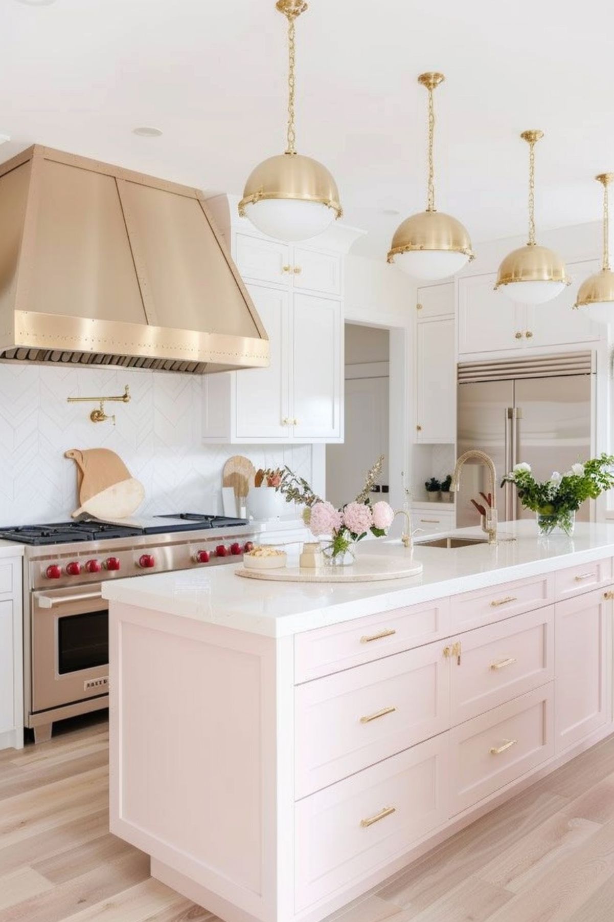 A bright and modern kitchen with blush beige cabinetry and a large island featuring a white marble countertop. The kitchen is illuminated by gold pendant lights, adding a touch of elegance. The island is equipped with gold hardware and includes a sleek sink and faucet. A large gold range hood stands above a professional-grade stove with red knobs. The backsplash is designed with white herringbone tiles.