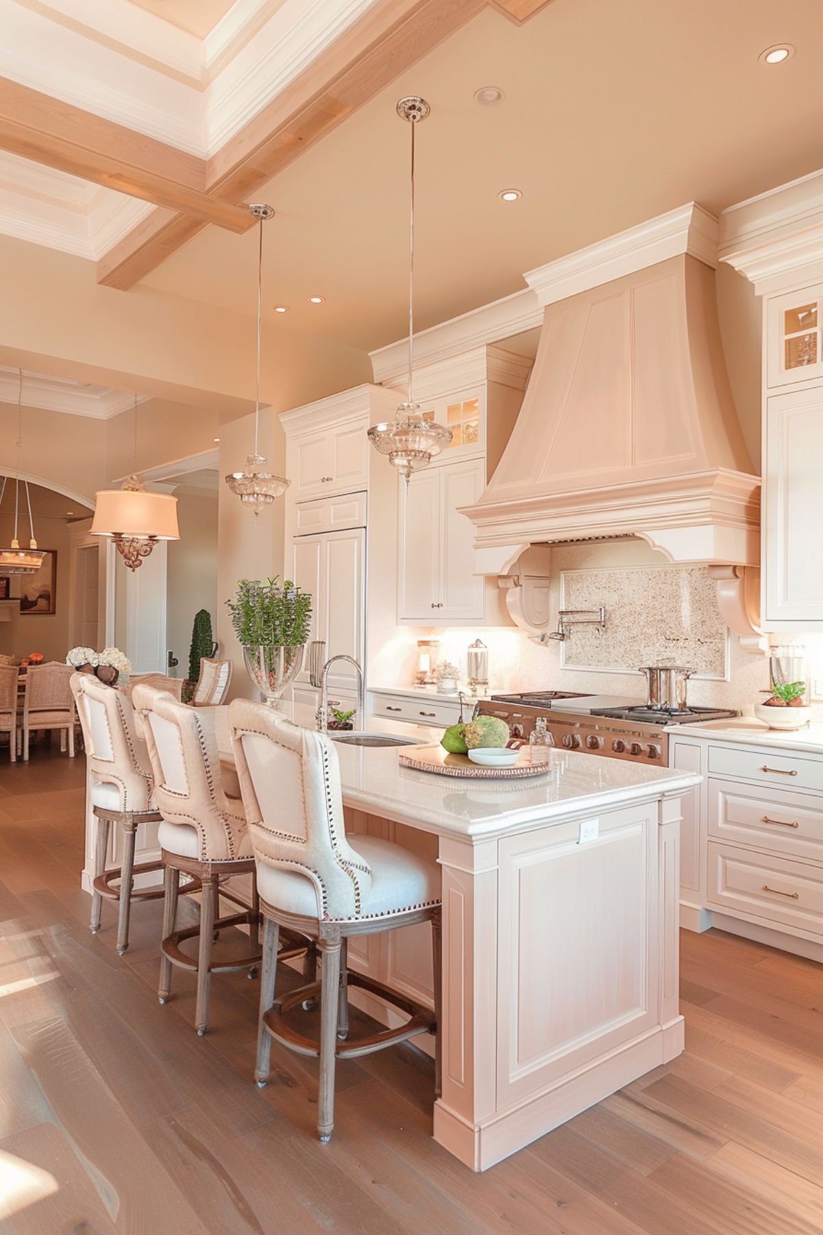 An elegant kitchen with blush beige cabinetry and a matching island topped with a light granite countertop. The island is accompanied by high-back upholstered stools with nailhead trim, providing a sophisticated seating area. The kitchen features a large stove with an ornate hood, and a backsplash with a mosaic tile design. Hanging crystal pendant lights and a chandelier over the island add a touch of luxury. 