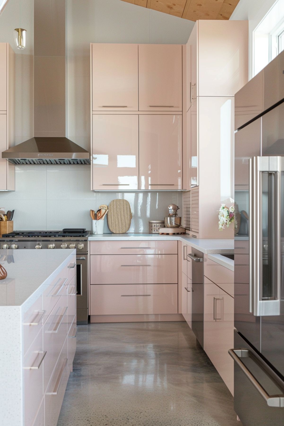 A modern kitchen with glossy blush beige cabinets and stainless steel handles. The kitchen features a large stainless steel range hood above a professional stove. The countertops are light grey, and the polished concrete floor adds an industrial touch. A built-in refrigerator and a few decorative items, such as a cutting board and a utensil holder, complete the sleek and contemporary look.