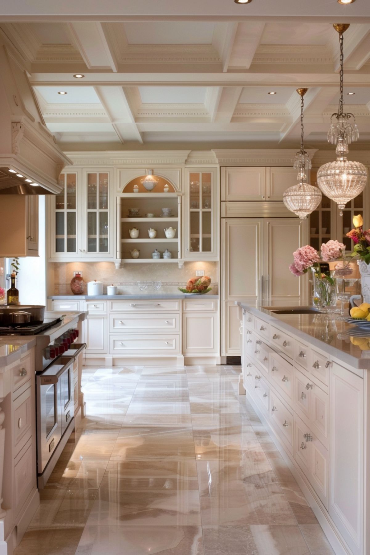 A luxurious kitchen with blush beige cabinetry and a large island featuring a grey countertop. The room is illuminated by elegant crystal chandeliers hanging from a coffered ceiling. The cabinetry includes glass-front doors displaying fine china, adding to the sophisticated ambiance. The kitchen features high-end appliances and a polished marble floor, enhancing the overall elegant and refined design. Fresh flowers and decorative items are placed on the island, adding a touch of natural beauty.