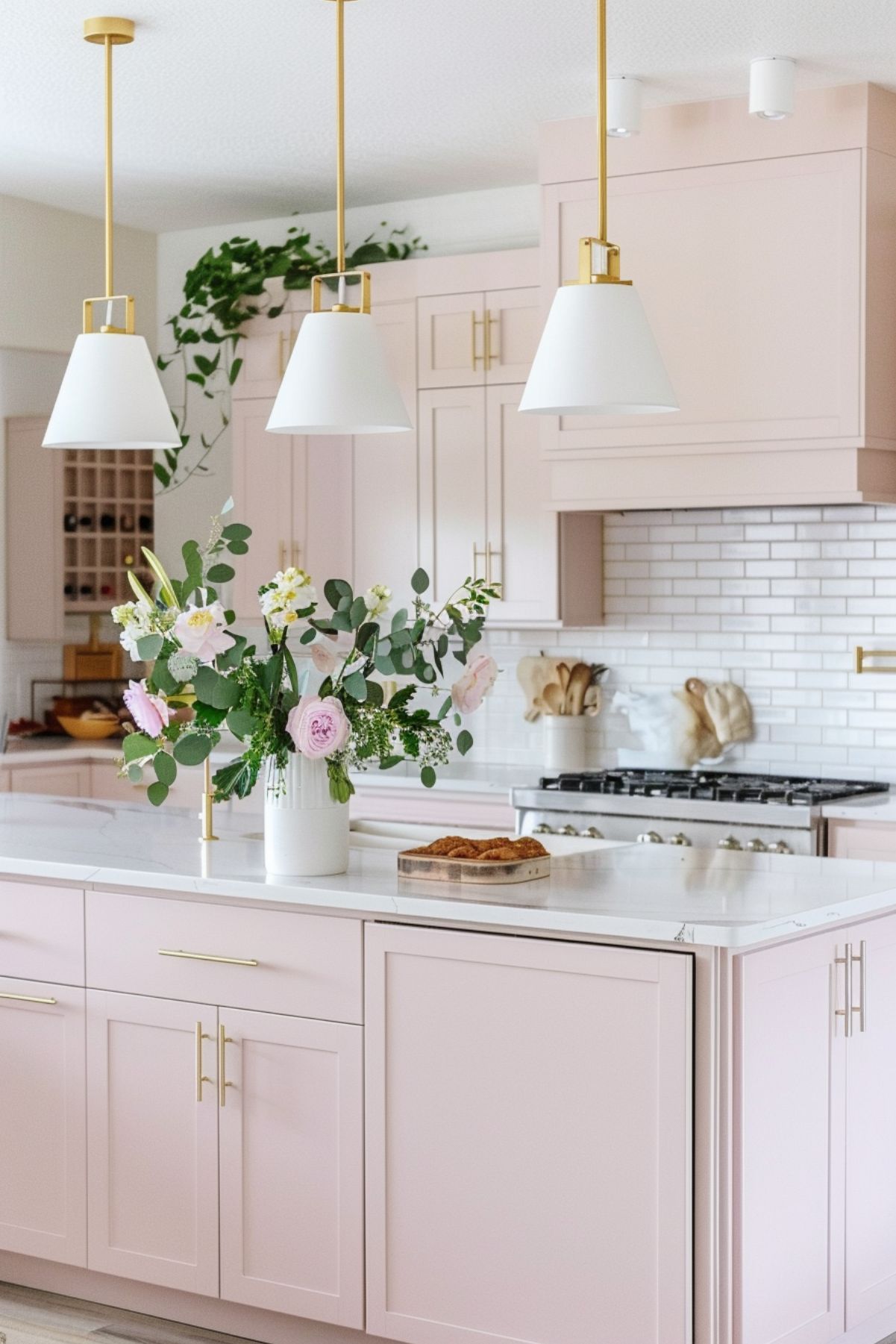 A modern kitchen showcasing blush beige cabinets and a white marble countertop island. The space features gold-accented hardware and fixtures, along with three white pendant lights hanging above the island. A vase with an arrangement of pink and white flowers adds a touch of natural beauty, while a tray of pastries is placed on the counter. The backsplash consists of white subway tiles, complementing the overall elegant and airy design of the kitchen.