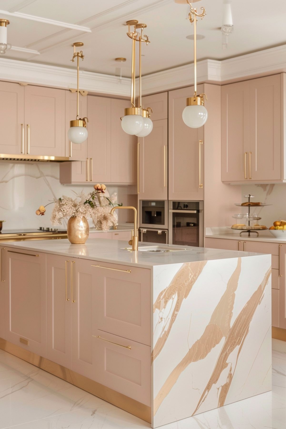 A modern kitchen with blush beige cabinets and gold hardware. The island features a white marble countertop with dramatic gold veining and a sleek gold faucet. Three globe pendant lights with gold fixtures hang above the island, adding elegance. The backsplash and range hood also have marble accents. A gold vase with dried flowers sits on the island, and a tiered tray with pastries is visible in the background.