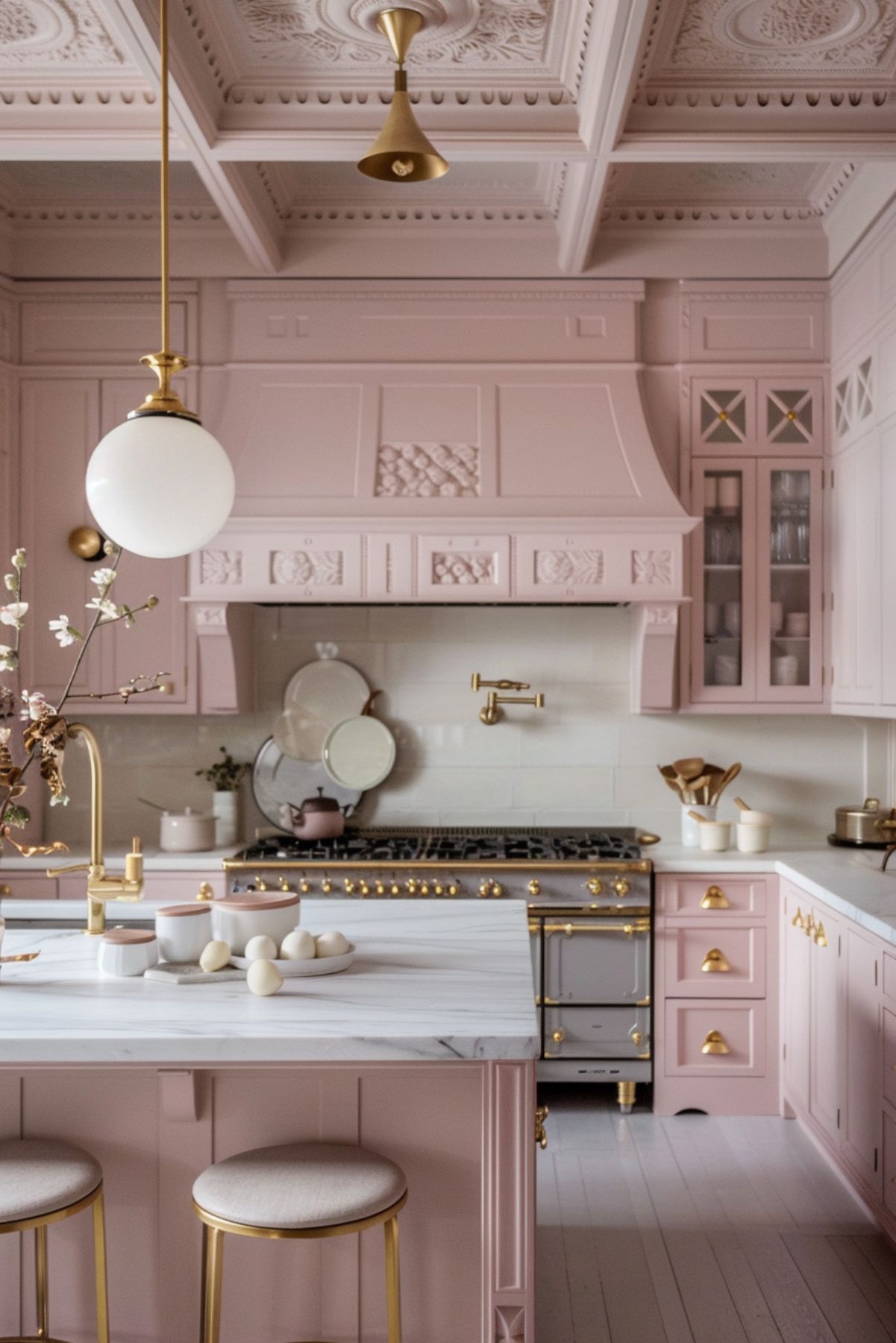 A luxurious kitchen featuring blush beige cabinetry and walls, adorned with intricate molding and decorative panels. The kitchen includes a large marble-topped island with matching stools, gold-accented fixtures, and a sophisticated grey stove with gold detailing. A pair of globe pendant lights hang from the ornate coffered ceiling, enhancing the elegant ambiance of the space.