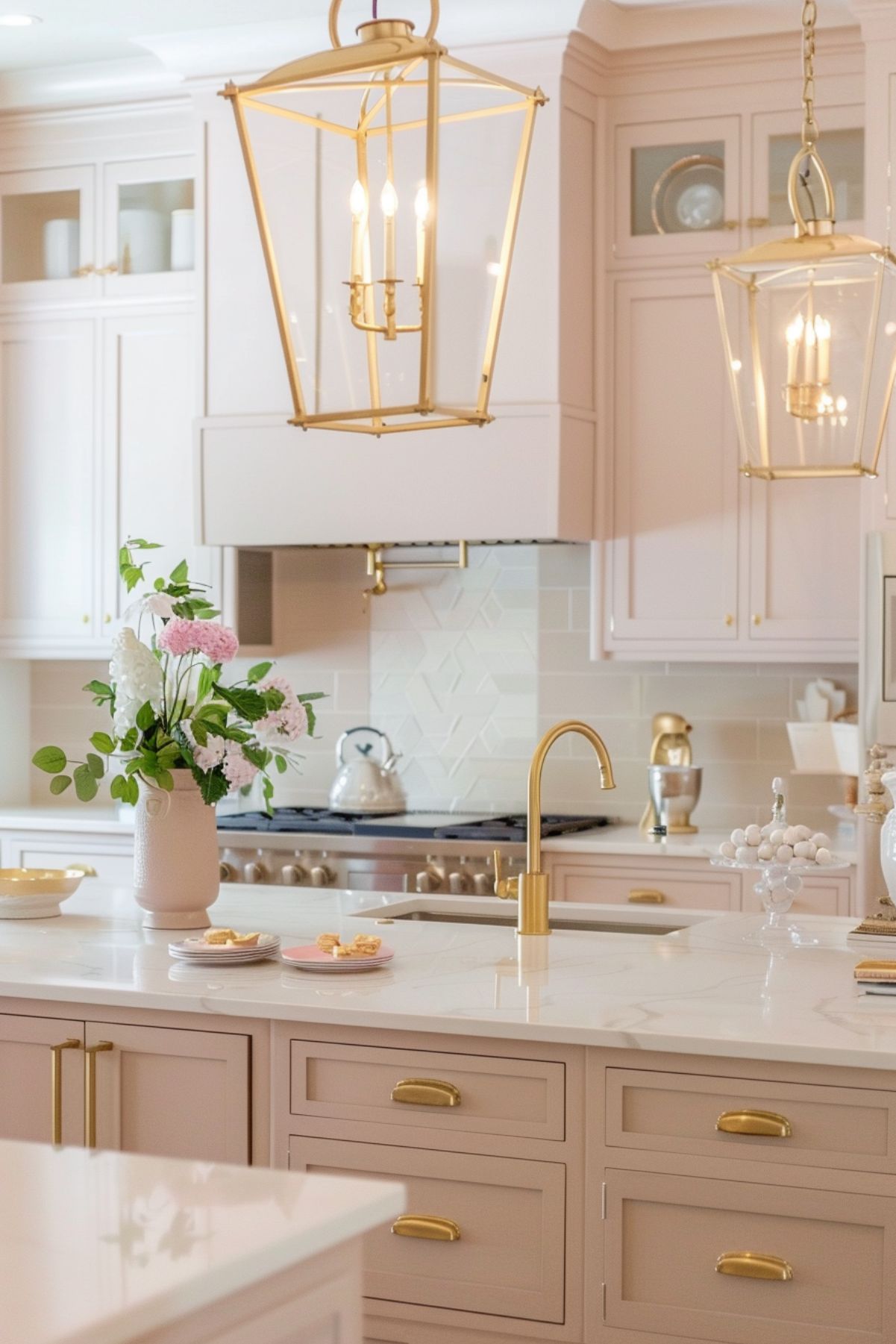 A stylish kitchen with blush beige cabinets and a white marble countertop island. The kitchen is illuminated by large, gold-framed pendant lights. Gold fixtures, including a sleek faucet and cabinet handles, add a touch of luxury. A vase with fresh flowers and decorative plates with snacks are placed on the island, while a modern stove and a kettle are visible in the background. The backsplash features a subtle geometric tile design, enhancing the elegant and cohesive look of the space.