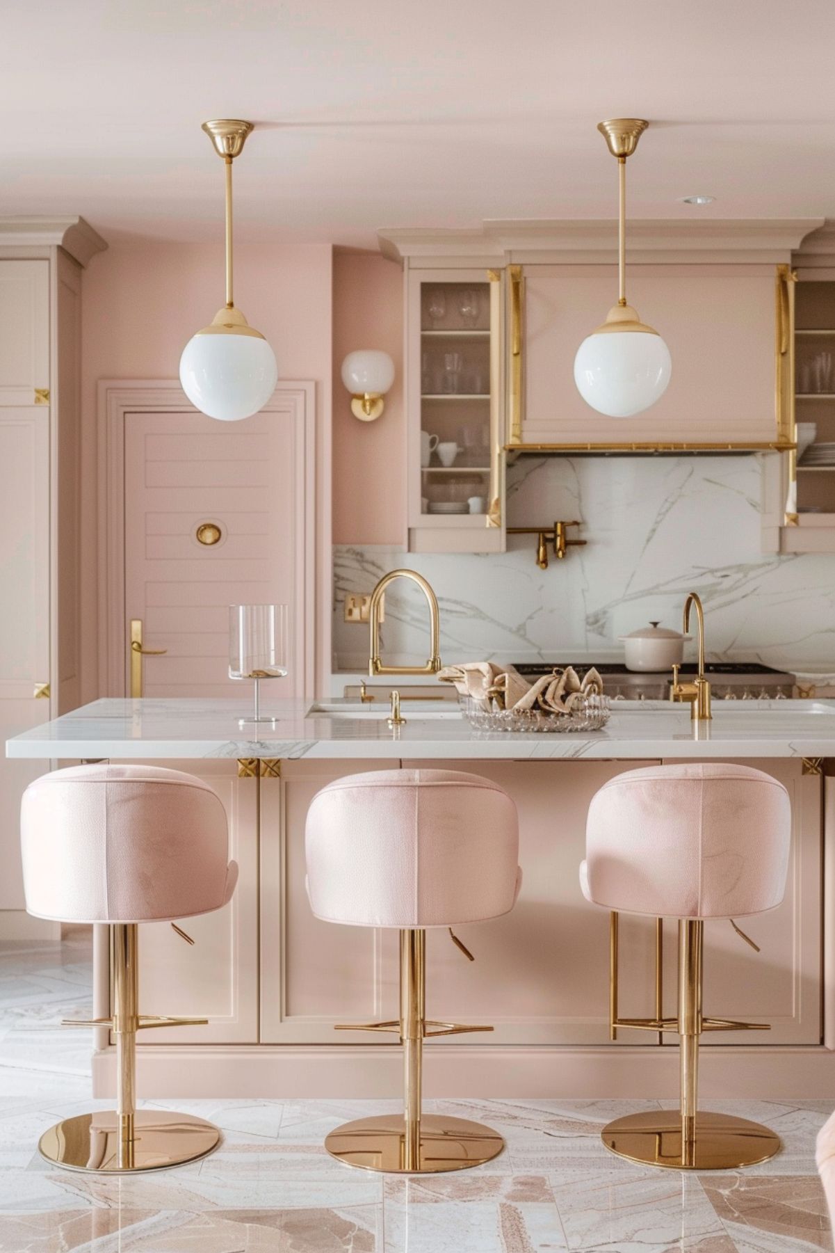 A luxurious kitchen with blush beige cabinets and a white marble countertop island. The island features gold accents and is paired with three plush pink bar stools with gold bases. Two globe pendant lights hang above the island, adding elegance. The backsplash and range hood are also adorned with marble and gold details, enhancing the sophisticated design.