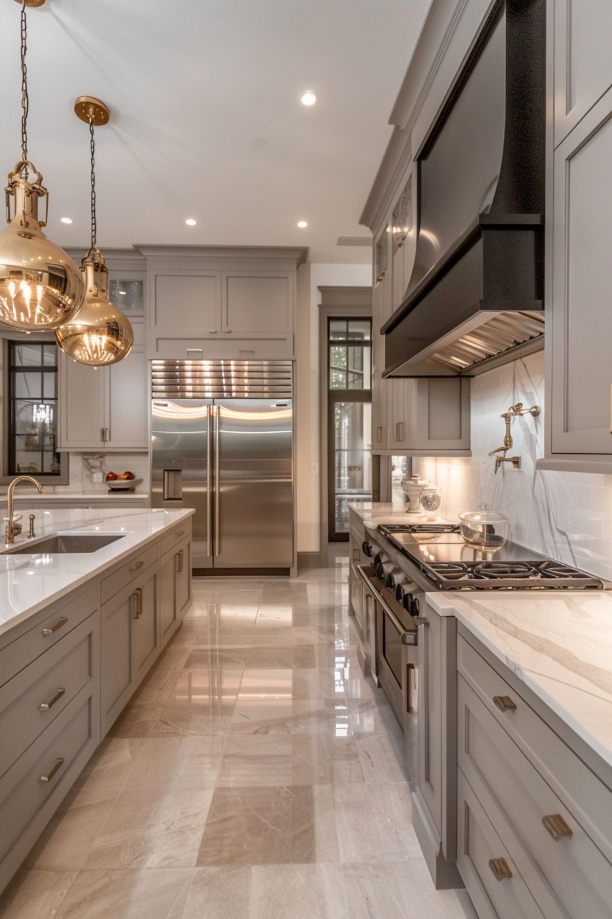 A luxury greige kitchen with gold accents.