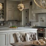 A greige kitchen in a luxury home with brass lights.