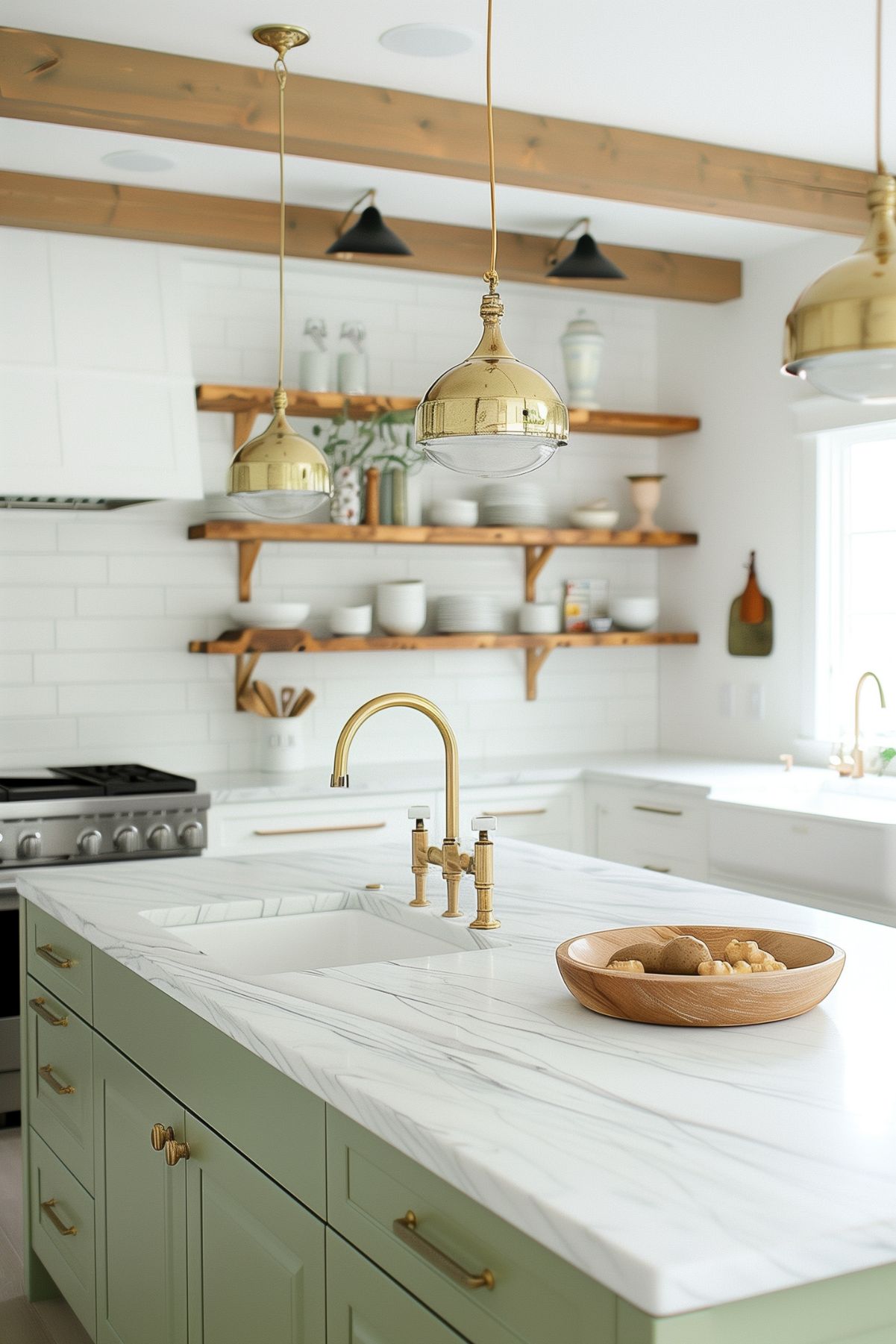 Pistachio Green Kitchen with open wood shelving