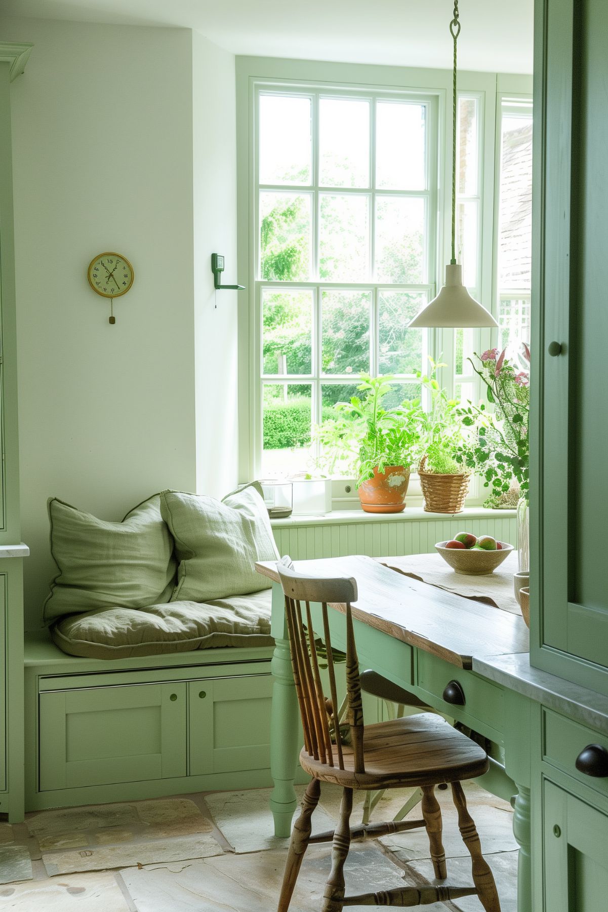 Seating area in a cozy Pistachio Green Kitchen