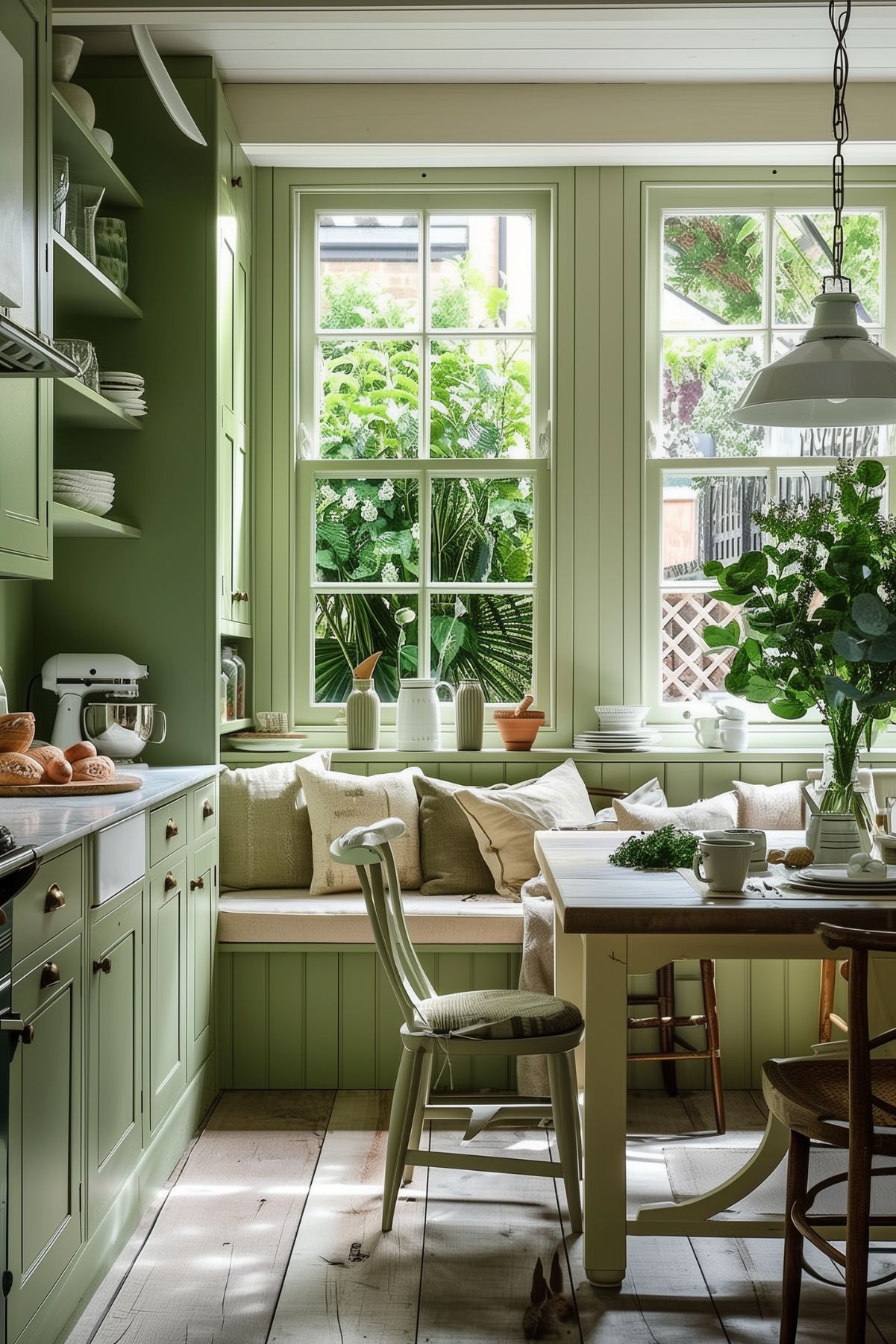 Small Pistachio Green Kitchen with a window seat.