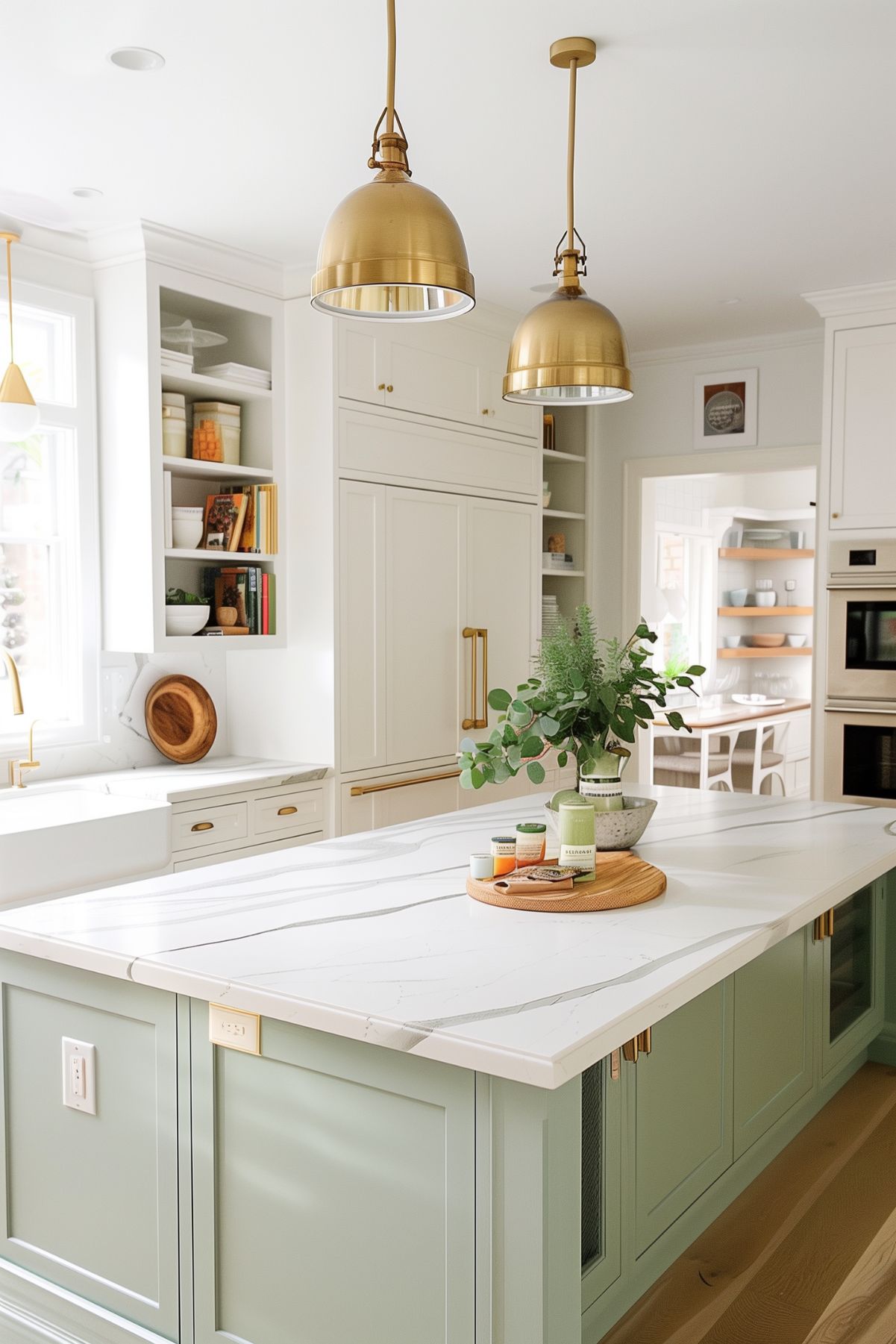 a white kitchen with a Pistachio Green Kitchen island and brass pendant lights.