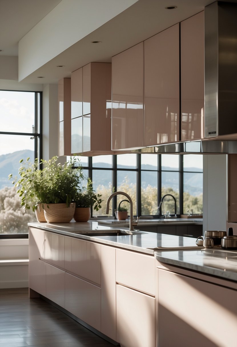 A sleek, modern kitchen with blush beige cabinets, marble countertops, and stainless steel appliances. The sunlight streaming in through the large windows highlights the clean lines and minimalist design