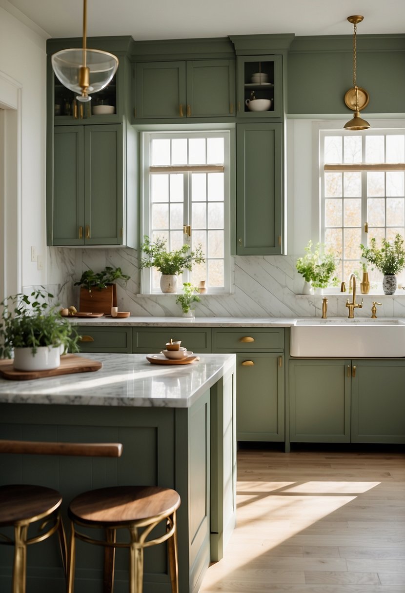 A modern kitchen with pistachio green cabinets, white marble countertops, and brass hardware. Sunlight streams in through large windows, casting a warm glow over the sleek, minimalist design